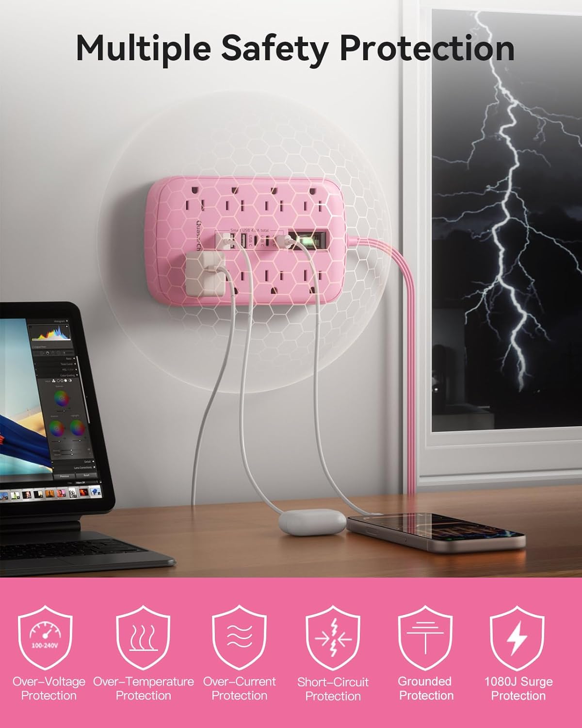 Thumbnail 6 de Pink Extension Cord with Surge Protector - 5 ft Kawaii Power Strip with 8 Outlets and 6 USB Ports