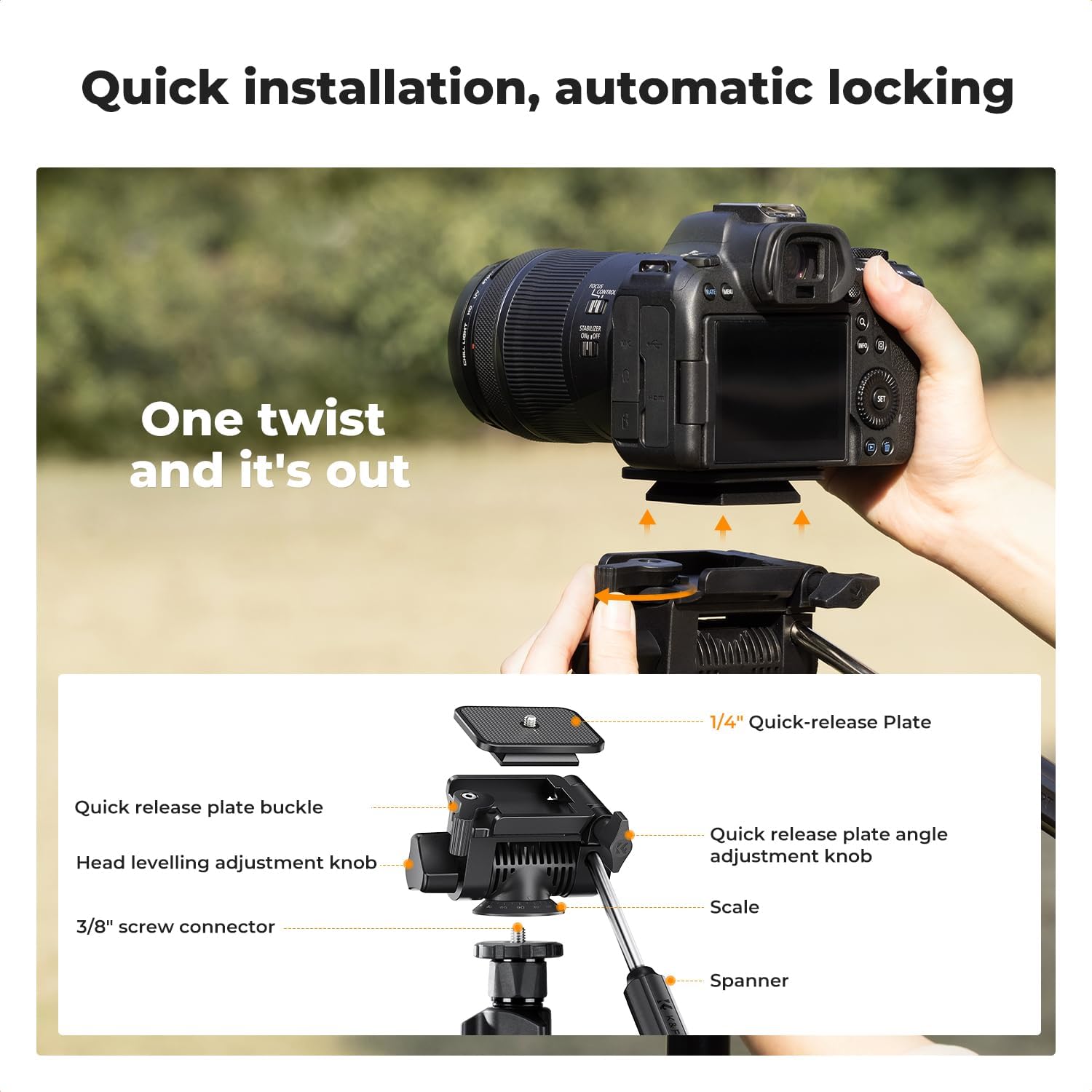 Thumbnail 4 de K&F CONCEPT 77" (196cm) Video Tripod with 3-Way Pan/Tilt Head, Quick Release Plate & Phone Holder (load up to 4kg)