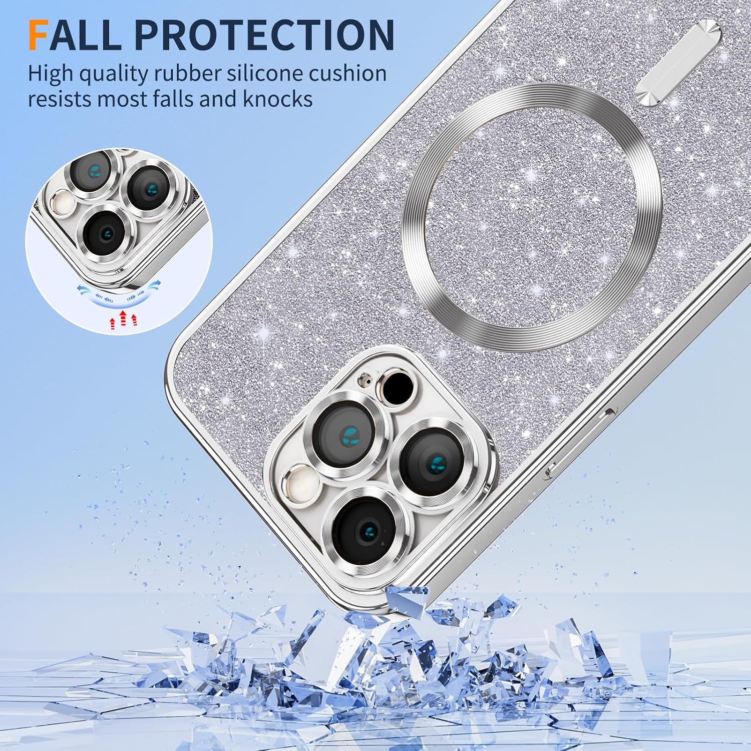 Detalle de Phoona Glitter Cover per iPhone 11 Pro 5,8" con Cordino: protezione glitterata, antiurto e compatibile MagSafe (Argento)