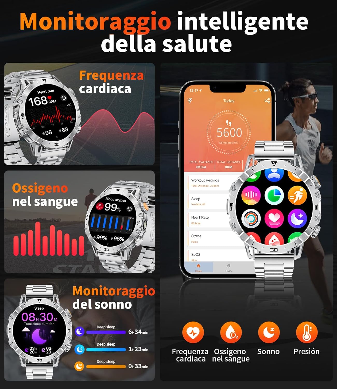 Detalle de LIGE Smartwatch Uomo EF18-B: 1,7'', 1000mAh, Torcia LED, Chiamate Bluetooth e 110+ Modalità Sportive