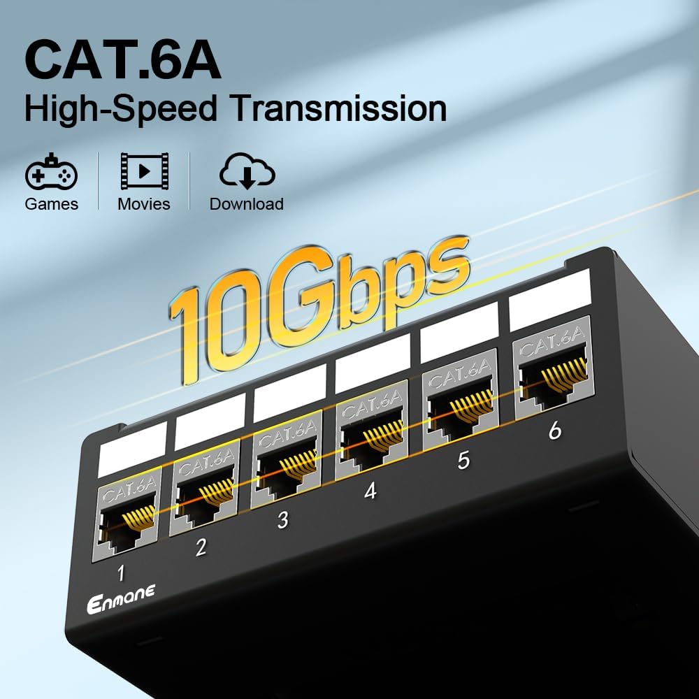 Detalle de Enmane 1U 6ポート CAT6Aパッチパネル、シールドタイプ・カプラー内蔵・防塵カバー付き
