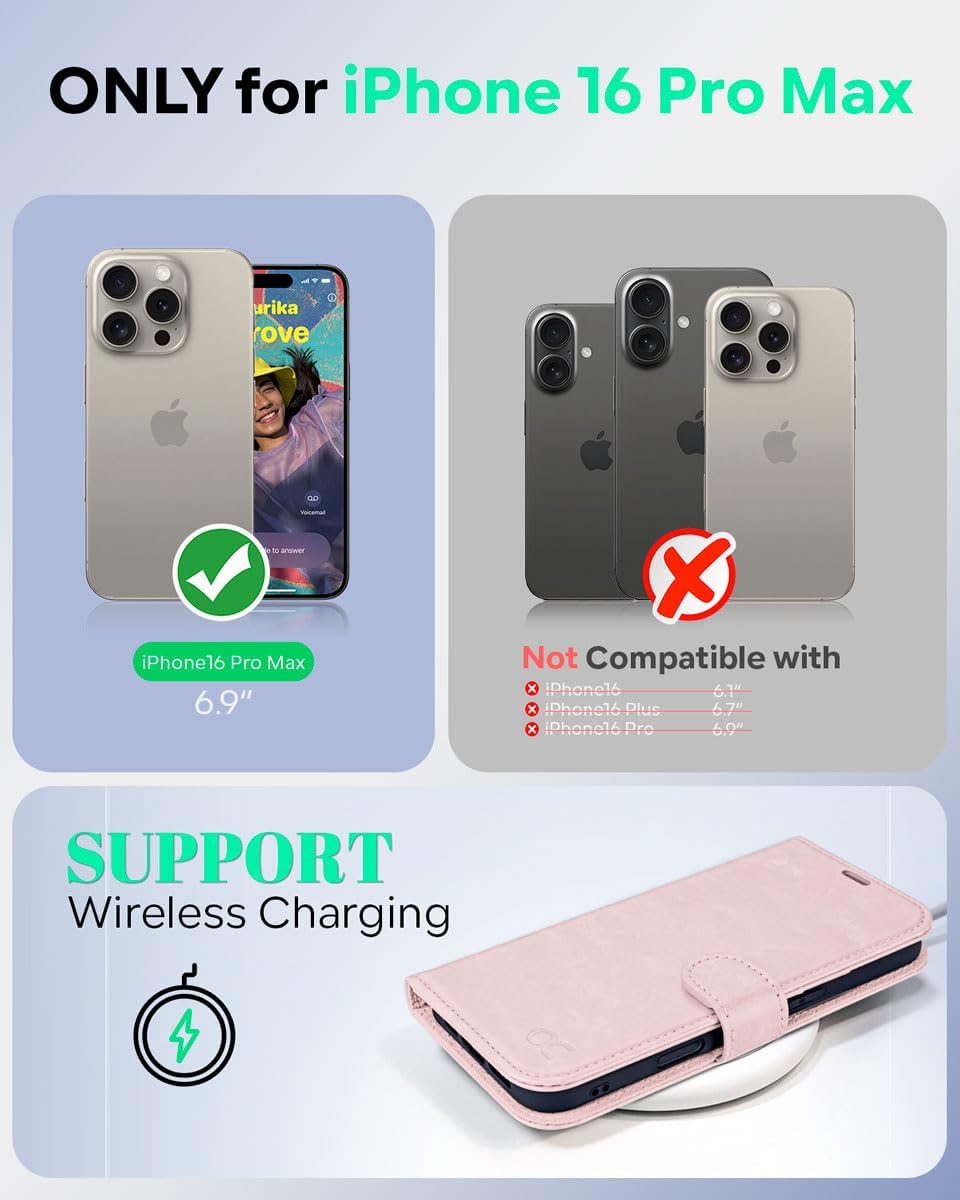 Thumbnail 1 de OCASE Hülle für iPhone 16 Pro Max – Premium PU Leder, Kartenfach, Standfunktion, RFID-Schutz, Hellrosa