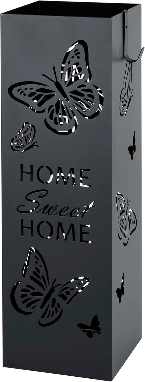 Detalle de Baroni Home Porte-Parapluie en Métal Carré – Style Moderne avec Sweet Home et Papillons, Noir, 49 x 15,5 x 15,5 cm