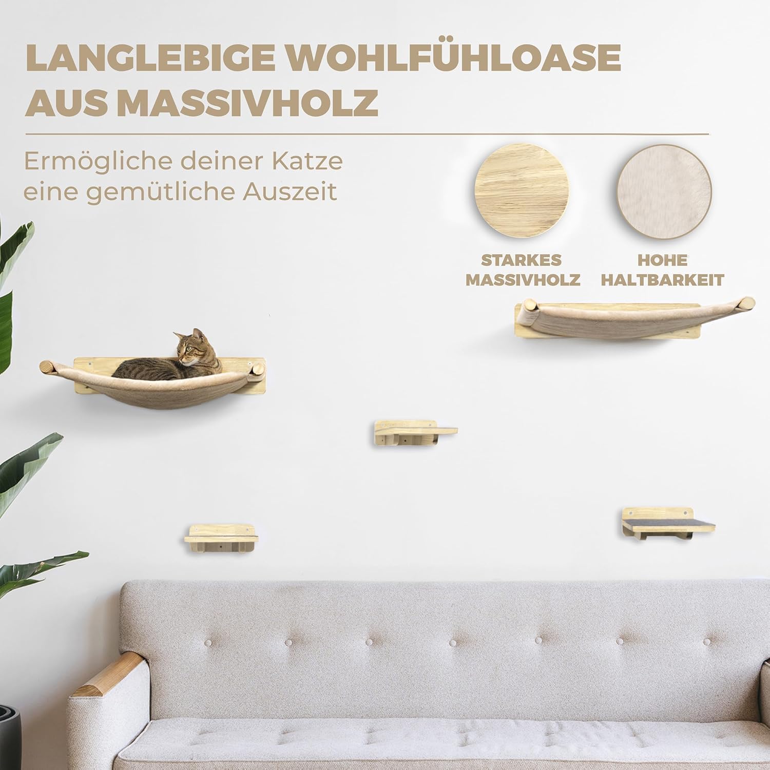 Thumbnail 3 de WOOWOOD® Kletterwand Katzen-Set „Naturhell“ (Wandkratzbaum mit Hängematte)