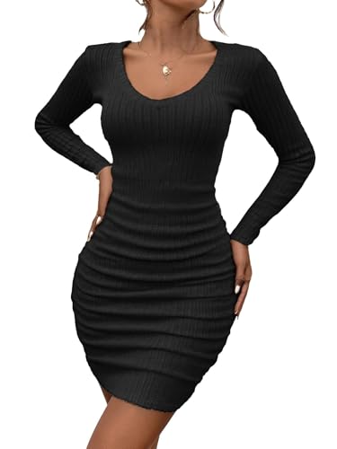 Detalle de Awinclo Women's Ribbed Knit V-Neck Bodycon Sweater Dress in Black (Medium)