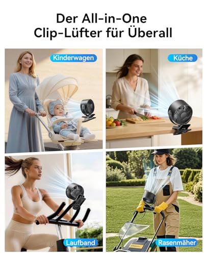 Detalle de KIMMOO Clip-Ventilator Wiederaufladbar – 360° Clip-Ventilator mit LED-Display, bis zu 17 Std. Akku, 100 Stufen, 9.000 U/min