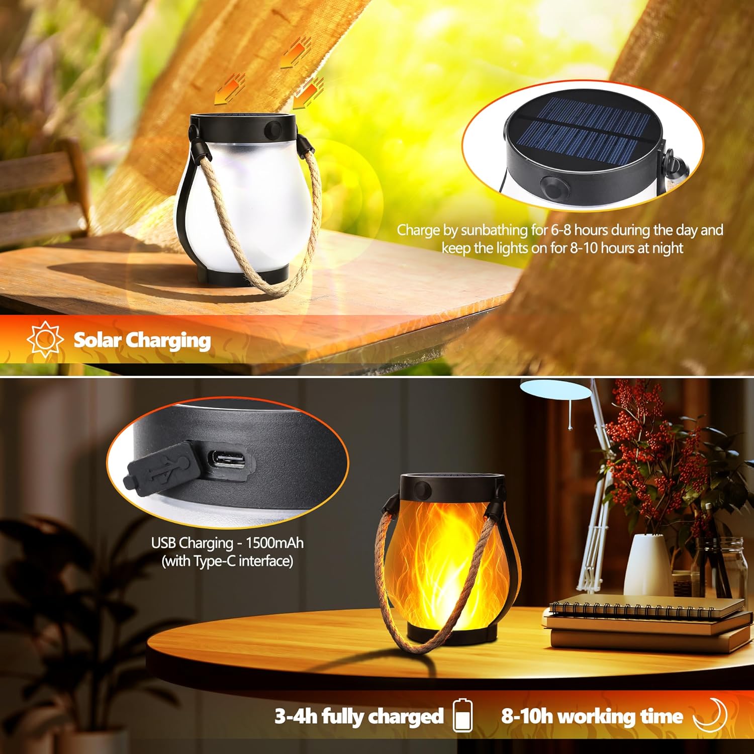 Detalle de Joomer Solar Lights Outdoor Garden: 2 Pack Flickering Flame Effect LED Lanterns