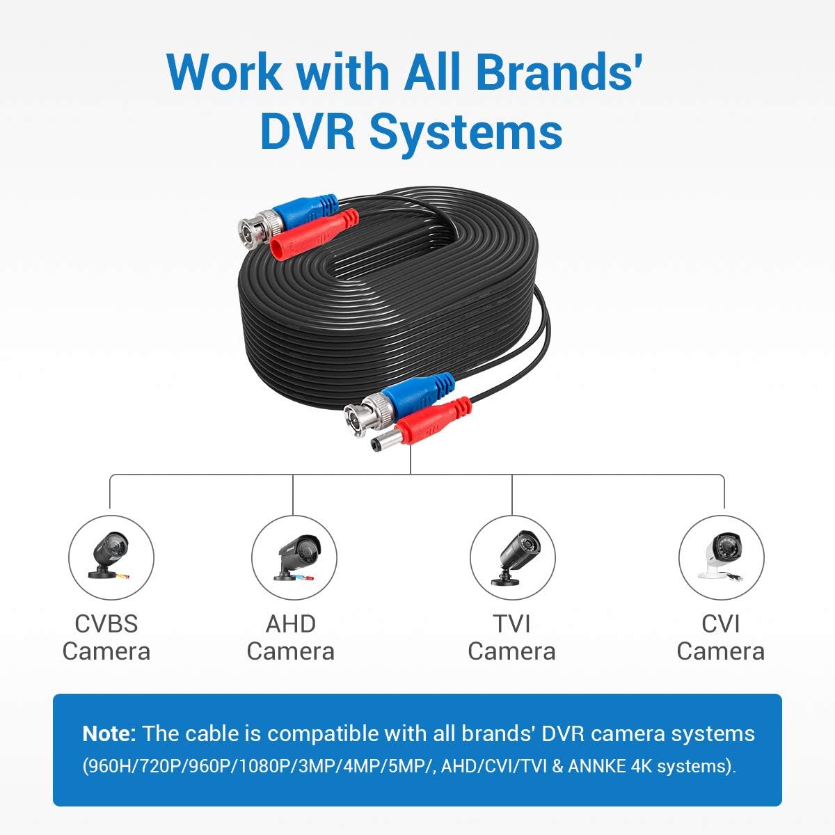 Detalle de SANNCE kit cavi video di sorveglianza 4 x 30m (100FT) HD multifunzione per DVR CCTV, BNC/RCA e alimentazione DC