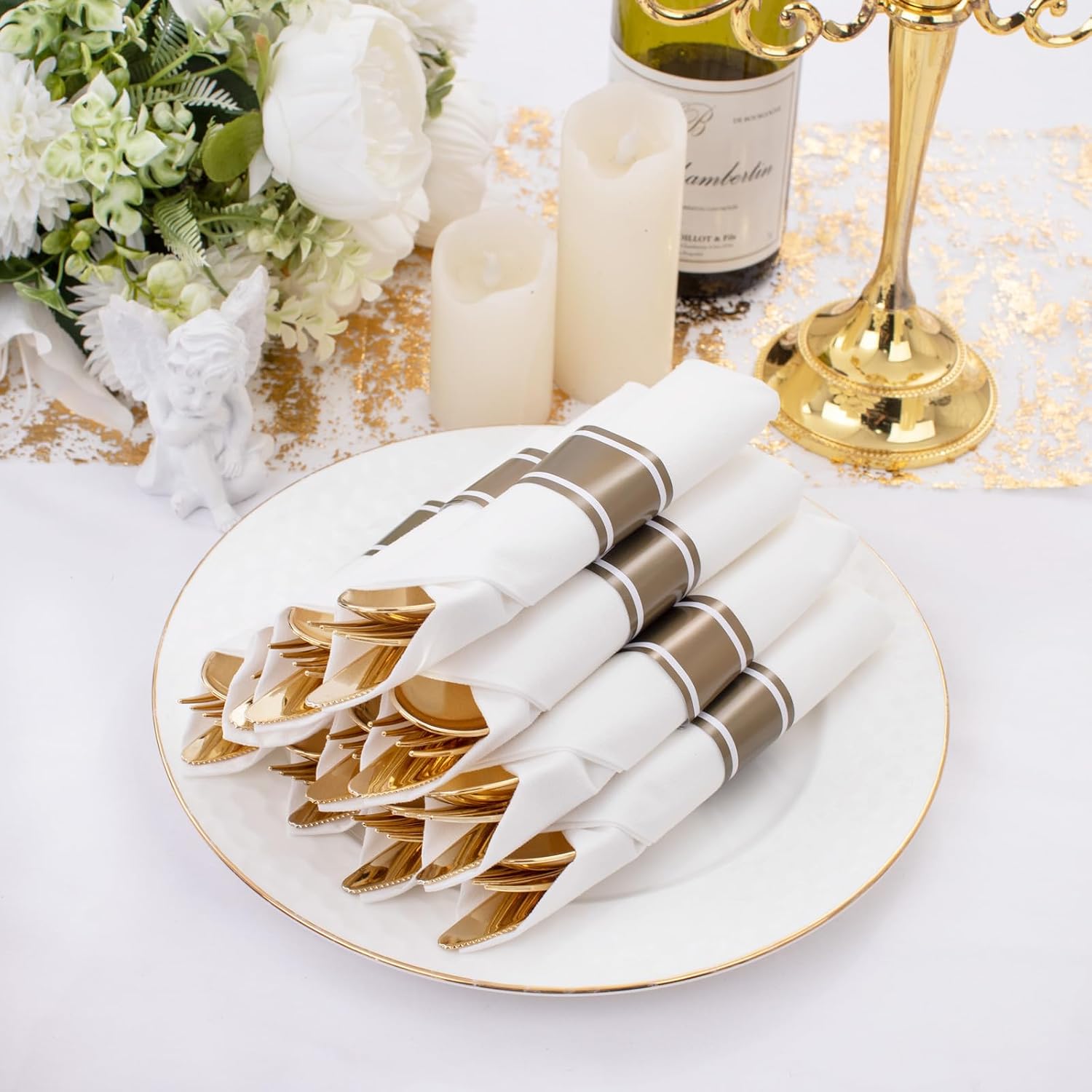 Detalle de Supernal 120Pack Gold Plastic Silverware Wrapped with Napkin