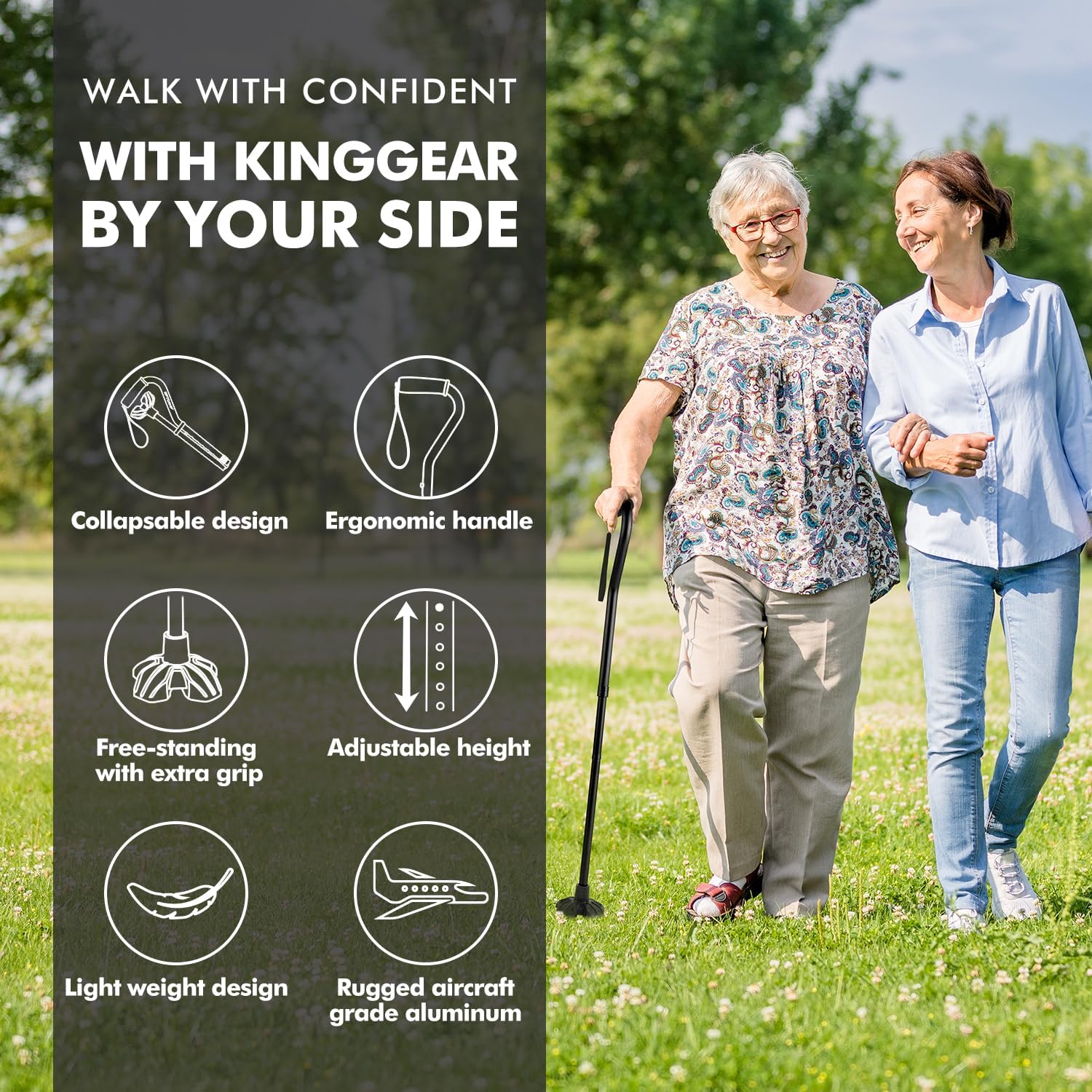 Detalle de KINGGEAR F1 Walking Stick: Lightweight Quad-Base Cane for Seniors