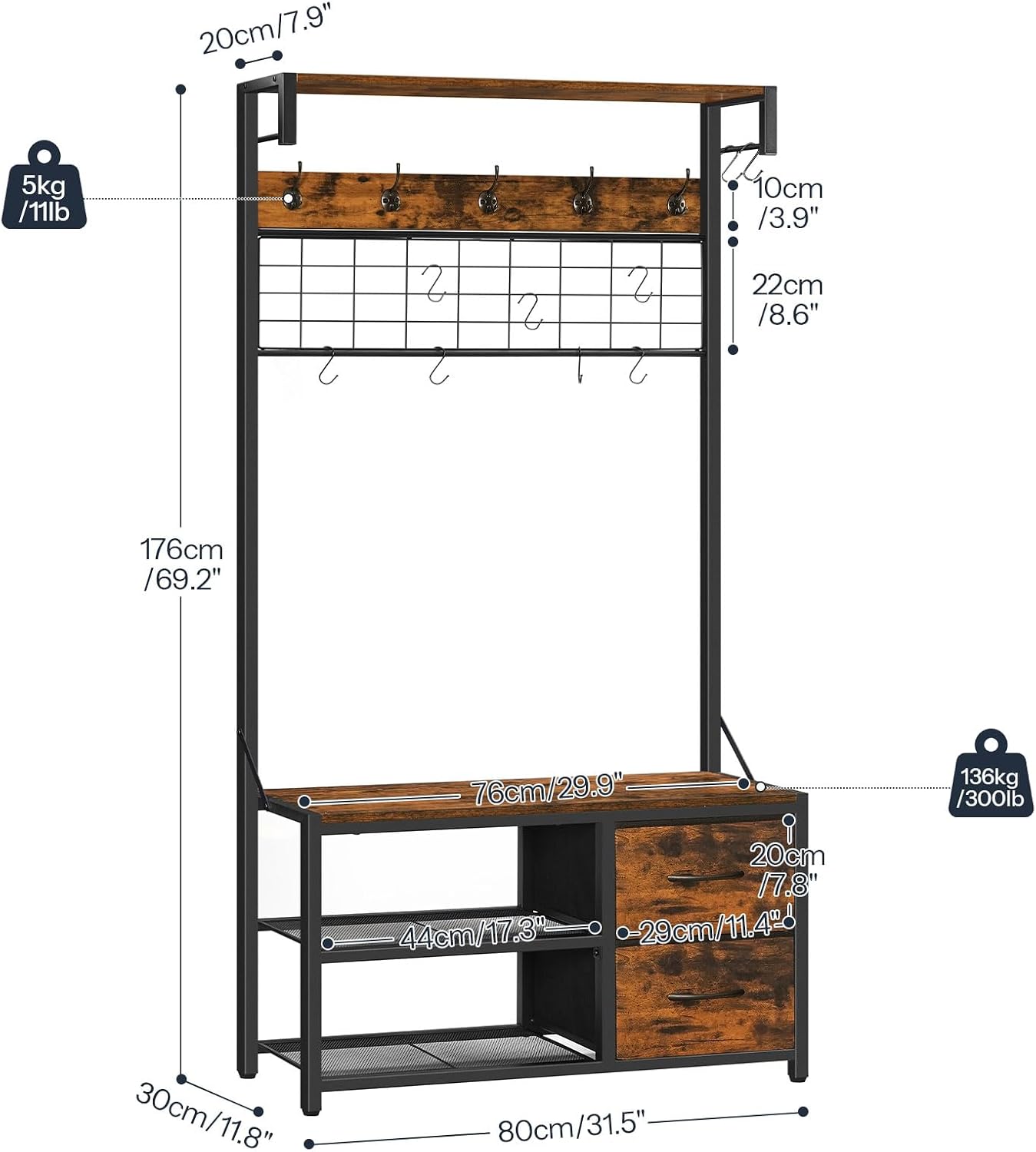 Detalle de HOOBRO Stand Appendiabiti, Panca Appendiabiti da Ingresso con Scarpiera e Cassetti – Marrone Vintage e Nero (EBF08MT01)