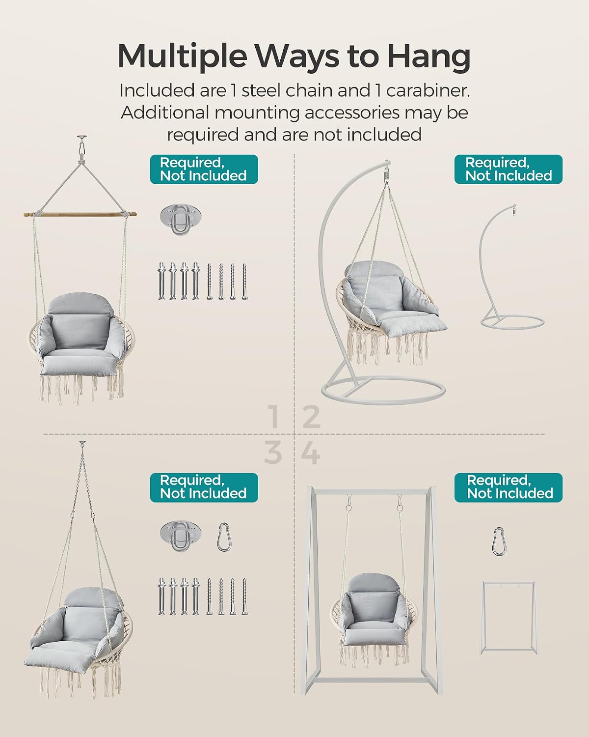 Detalle de SONGMICS UGDC042G01 Hanging Chair with Thick Cushion, Cotton and Metal