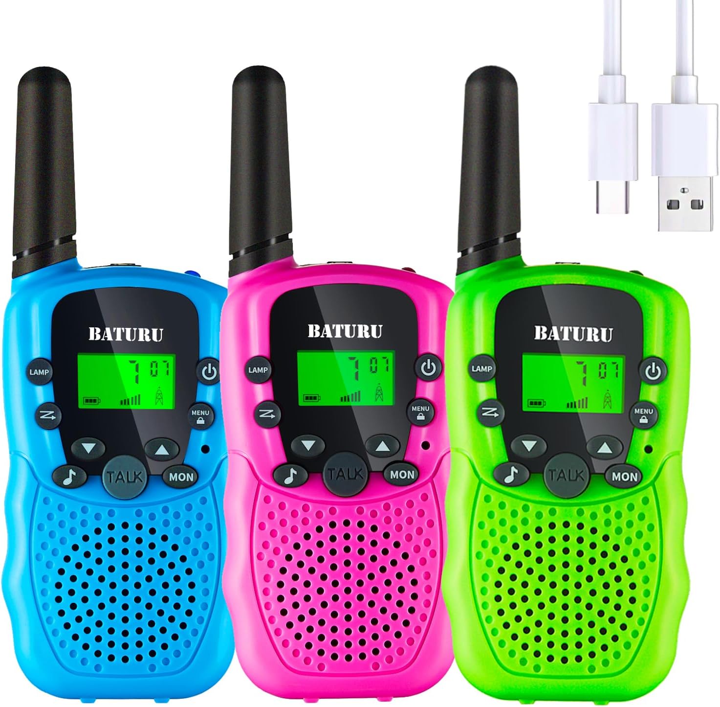 Detalle de BATURU T-388 Rechargeable Kids Walkie Talkies, 3-Pack, 22 Channels, USB-C