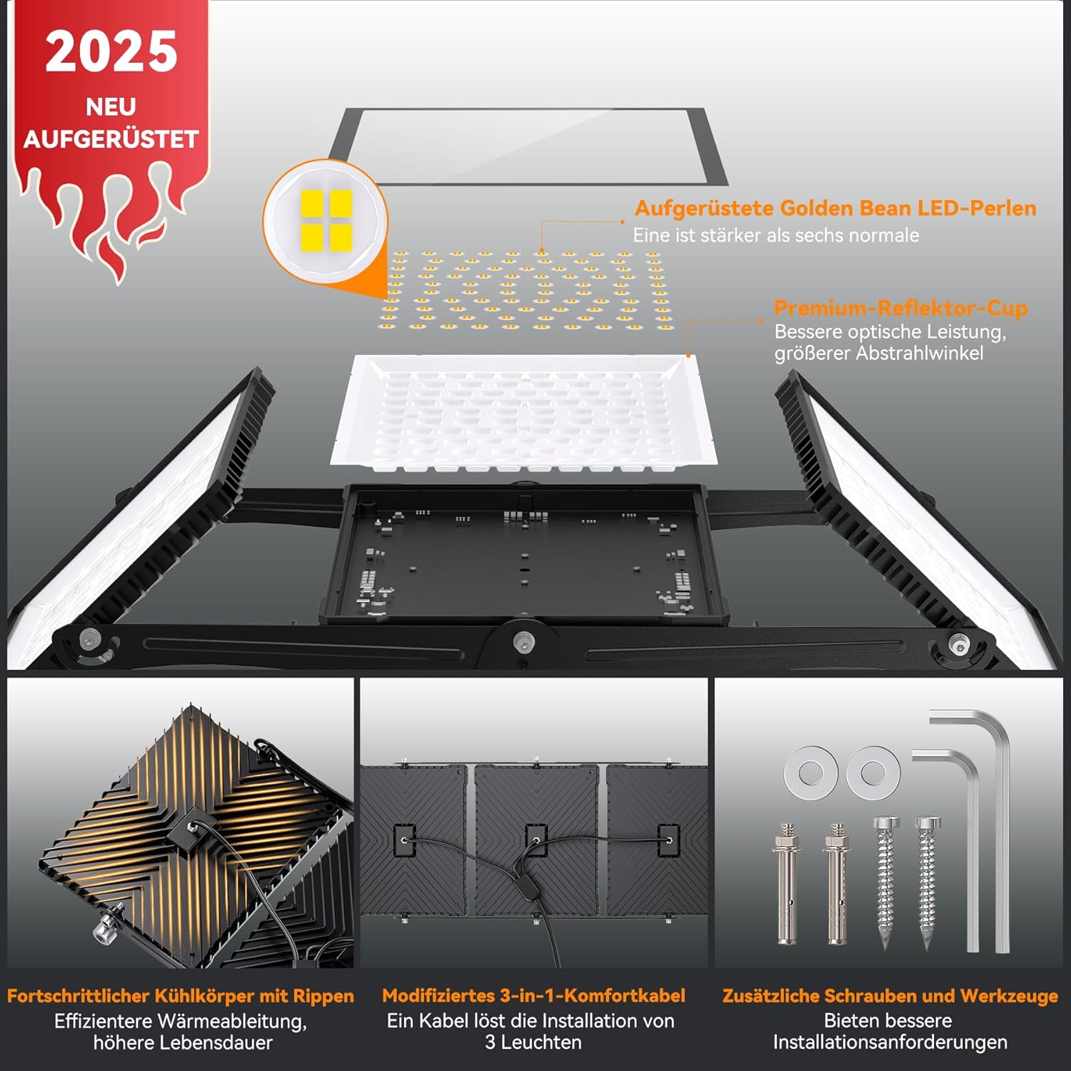 Thumbnail 5 de SOLLA 750W 2025 Plus – LED Außenflutlicht mit 3 Köpfen, 75.000 lm, IP66, 6000K Tageslichtweiß
