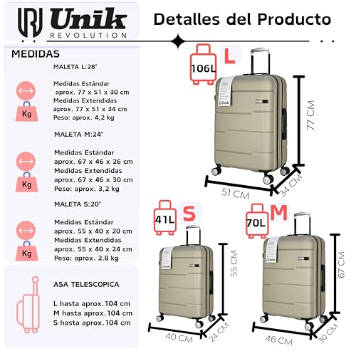 Detalle de Juego de 3 maletas rígidas Unik REVOLUTION: Cabina, Mediana y Grande con 360° y TSA, 25% de expansión