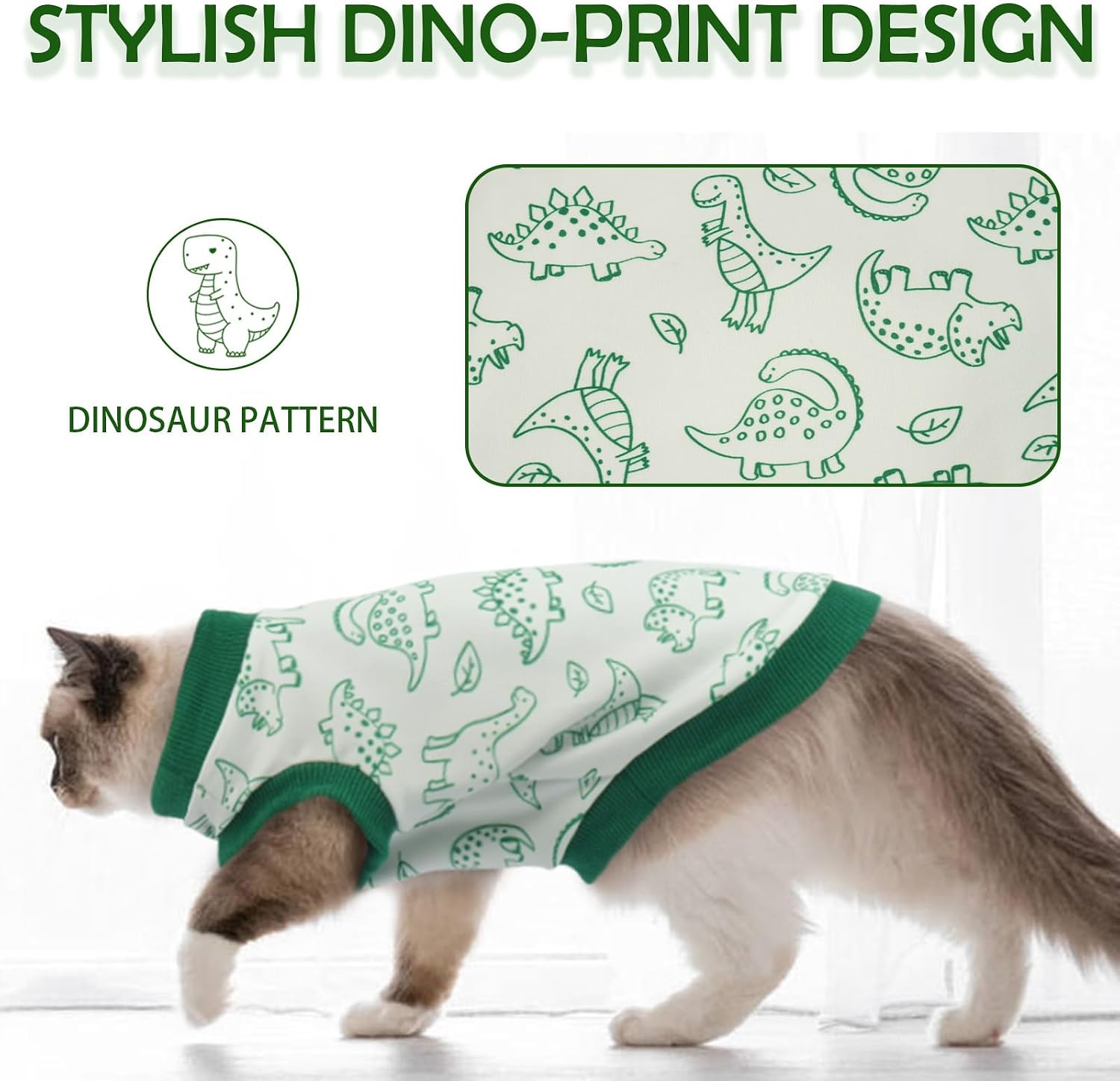 Detalle de OUOBOB Sleeveless Cat Vest in Dralon Fleece – Dino Print, Sphynx & All Breeds (Green M)