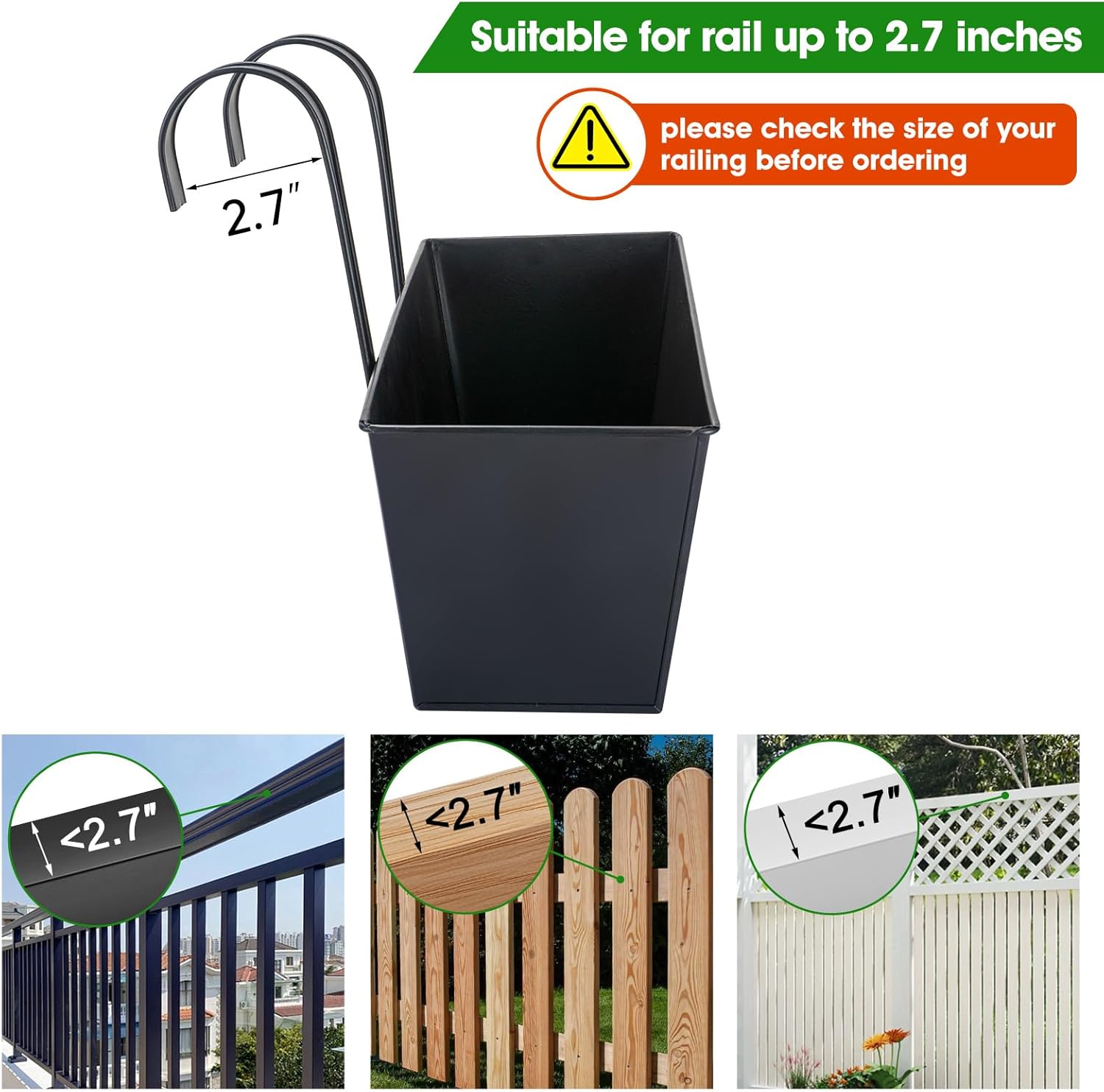 Thumbnail 2 de OGIMA 41cm Railing Planter Box (3-pack) with adjustable wide hooks for 7cm railings