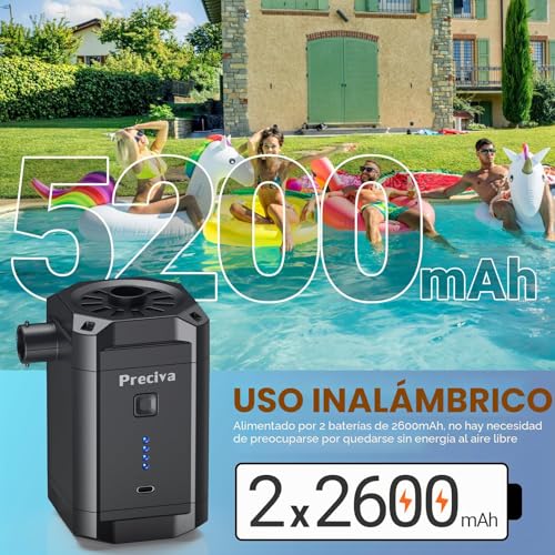 Thumbnail 5 de Preciva Bomba de Aire Eléctrica Portátil con Batería de 5200 mAh y 4 Boquillas