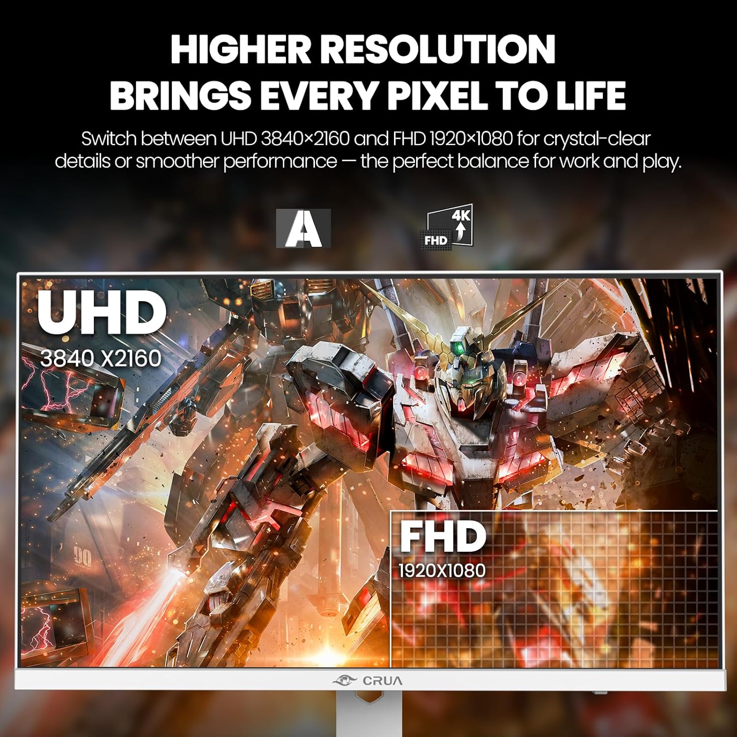 Detalle de CRUA 27" 4K Gaming Monitor with Dual-Mode 160Hz/320Hz, IPS, and Ergonomic Stand