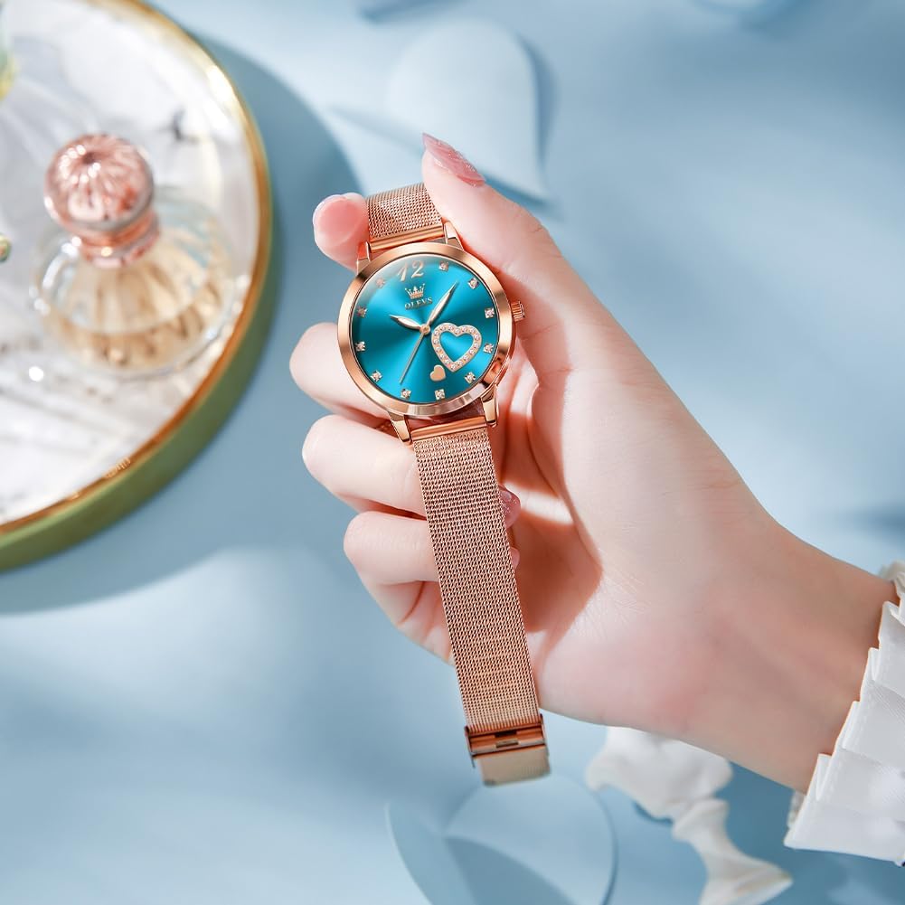 Detalle 2 de OLEVS Montre pour Femme Or Rose avec cœur Diamant – étanche 30 m, cadran cœur et mouvement quartz japonais