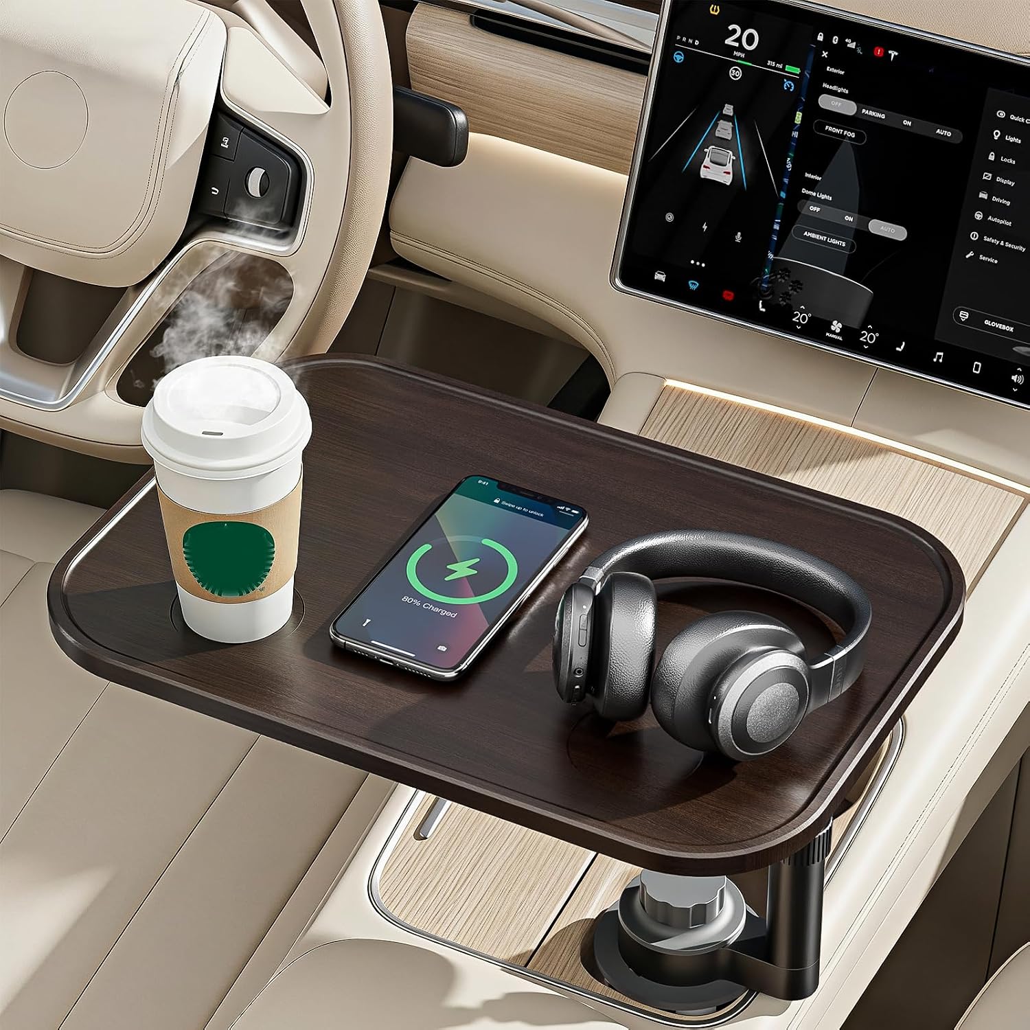 Detalle de Aucoza Car Desk with Adjustable Height, Wood-Grain Finish and Rotating Cup Holder
