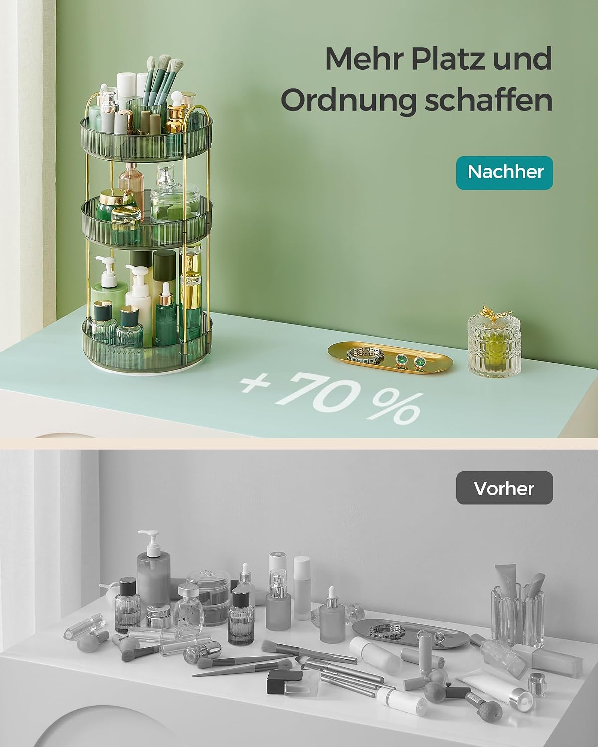 Detalle 2 de SONGMICS Make-up Organizer drehbar JKA011C01 mit 3 Ebenen (360°) – Kosmetik-Aufbewahrung für den Schminktisch in Hellgrün