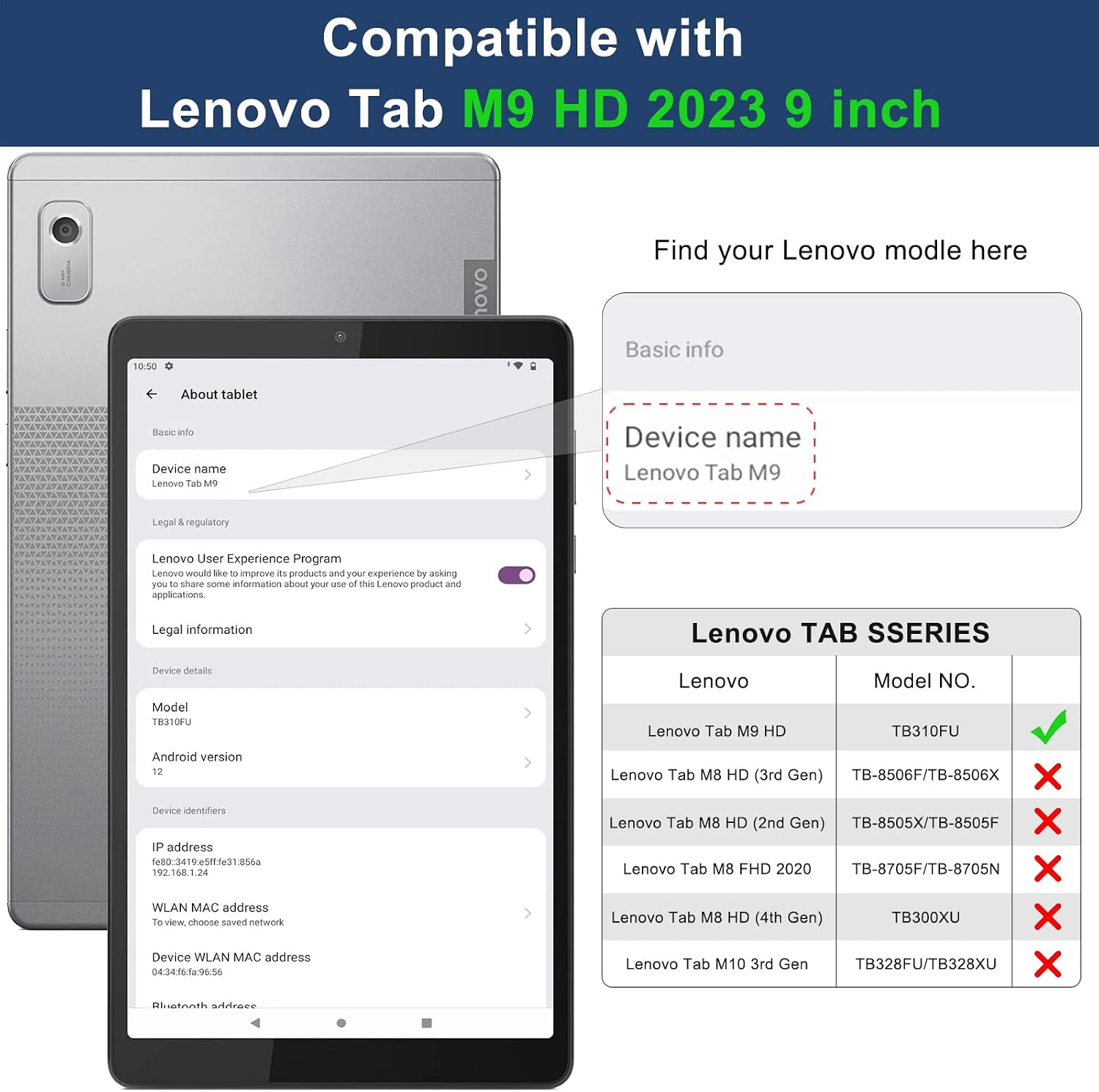 Thumbnail 1 de Coque BRAECN pour Lenovo Tab M9 9 pouces 2023 (TB-310FU) : étui robuste 3 couches avec support 360° et dragonne, noir