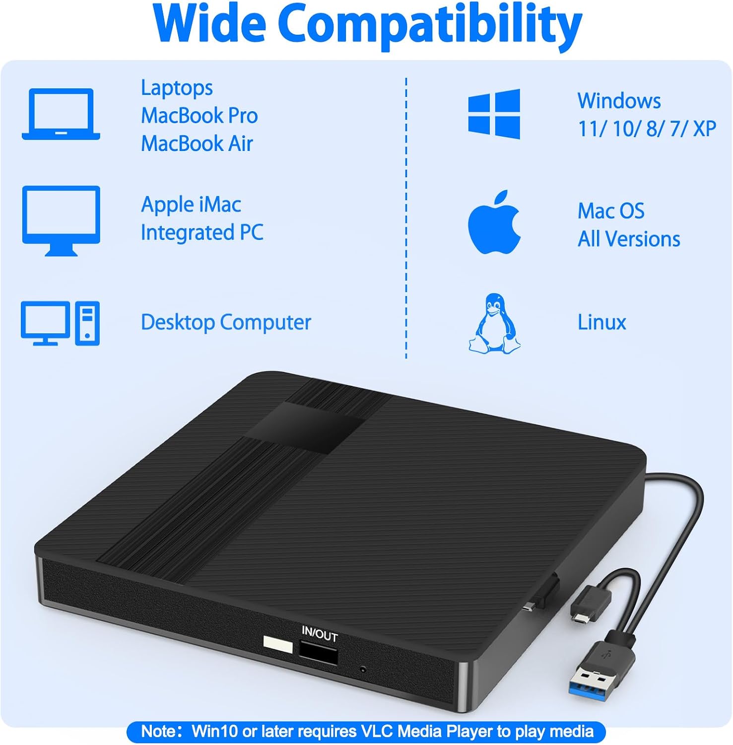 Detalle de BNEHHOV External CD/DVD Drive with USB 3.0 Type-C: Portable, Plug-and-Play, cross‑platform optical reader/writer