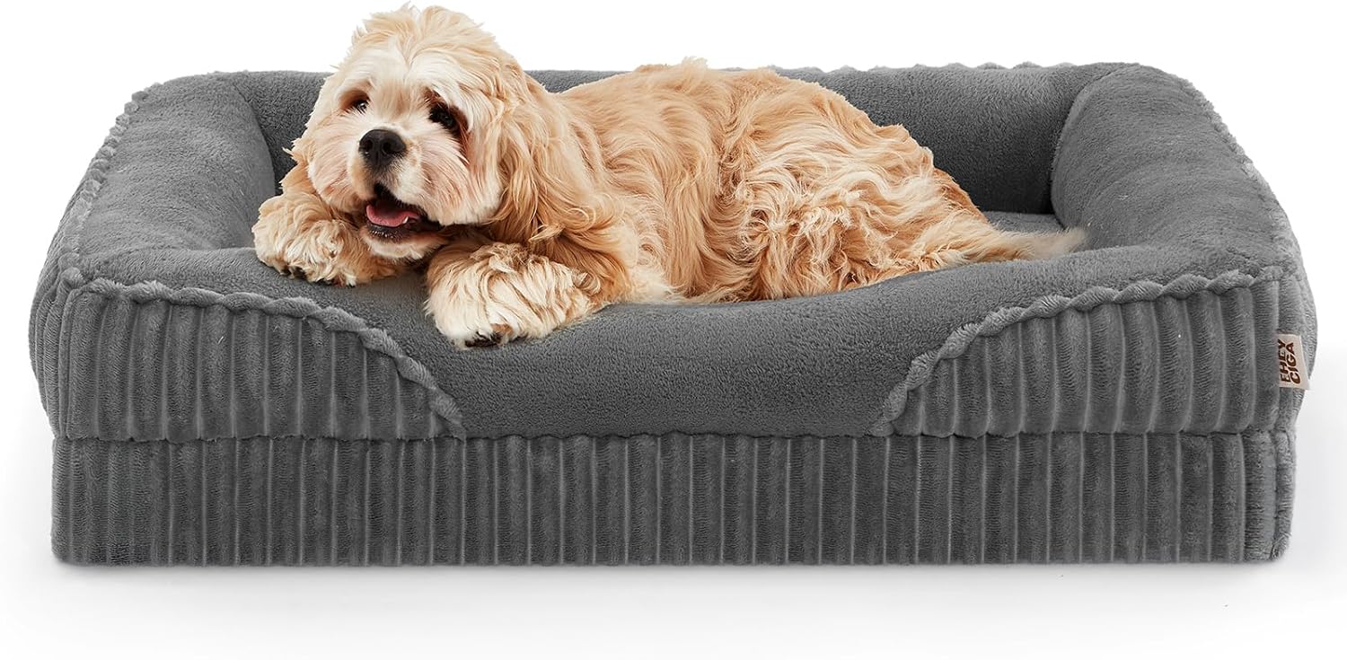 Detalle de EHEYCIGA EM-Stripped Dog Sofa Bed-03L, 36 x 27-Inch Grey Orthopedic Bed