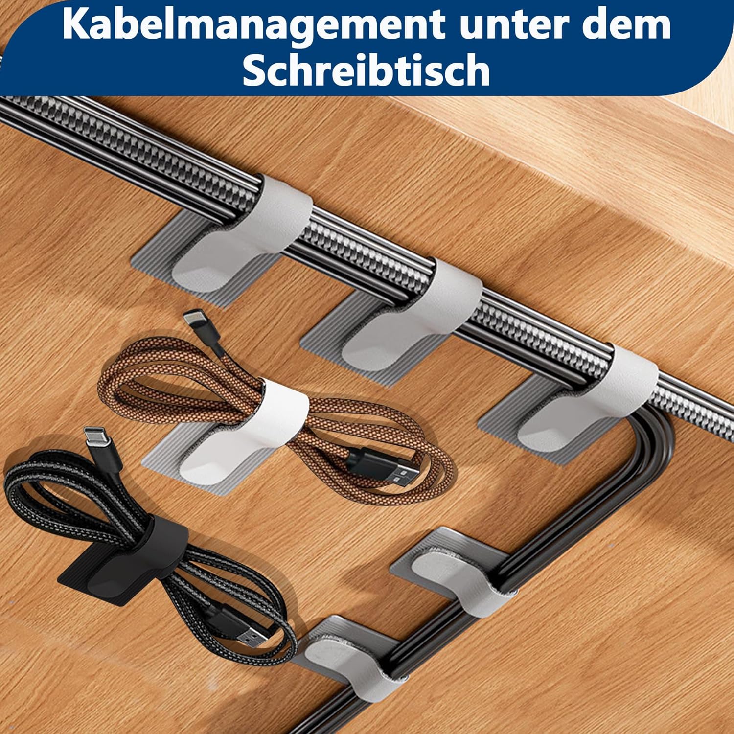 Thumbnail 1 de Abnii 50 Stück selbstklebende Kabelbinder mit Klettband für Kabelmanagement am Schreibtisch (Grey, Small)