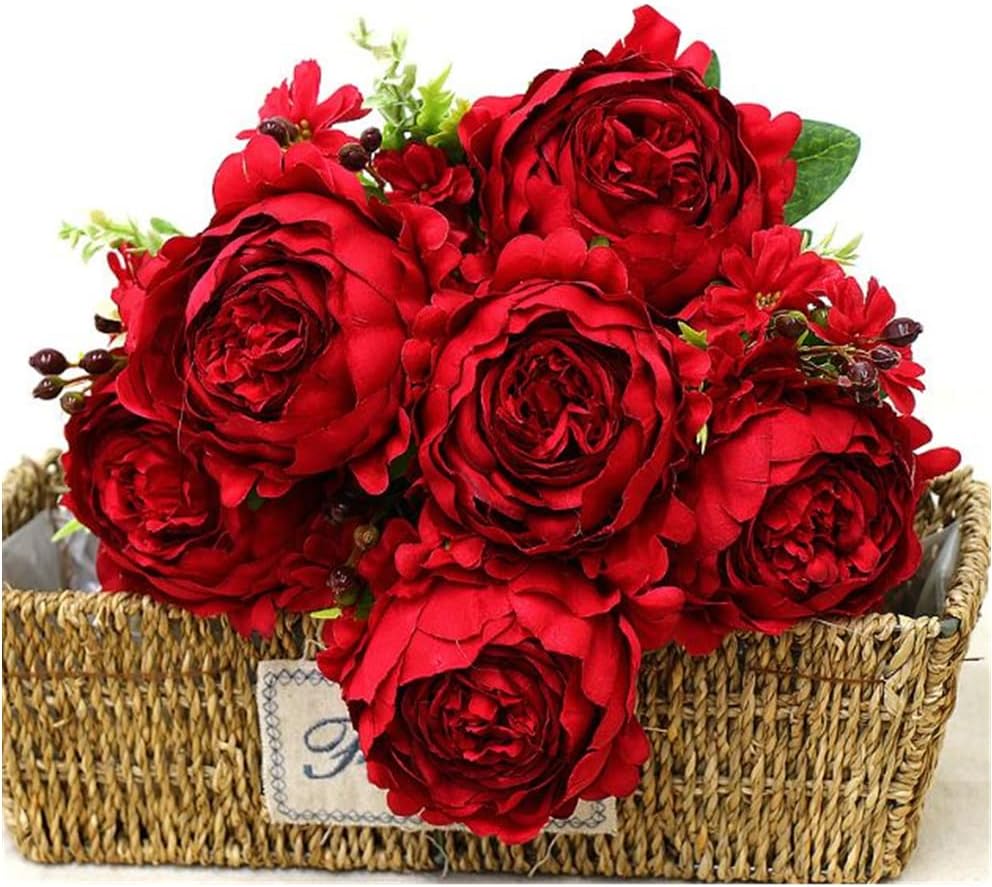Thumbnail 5 de 10 Heads Peonies Artificial Flowers Bouquet – 17.5" Red Silk Peony Arrangement for Home, Garden, and Event Décor
