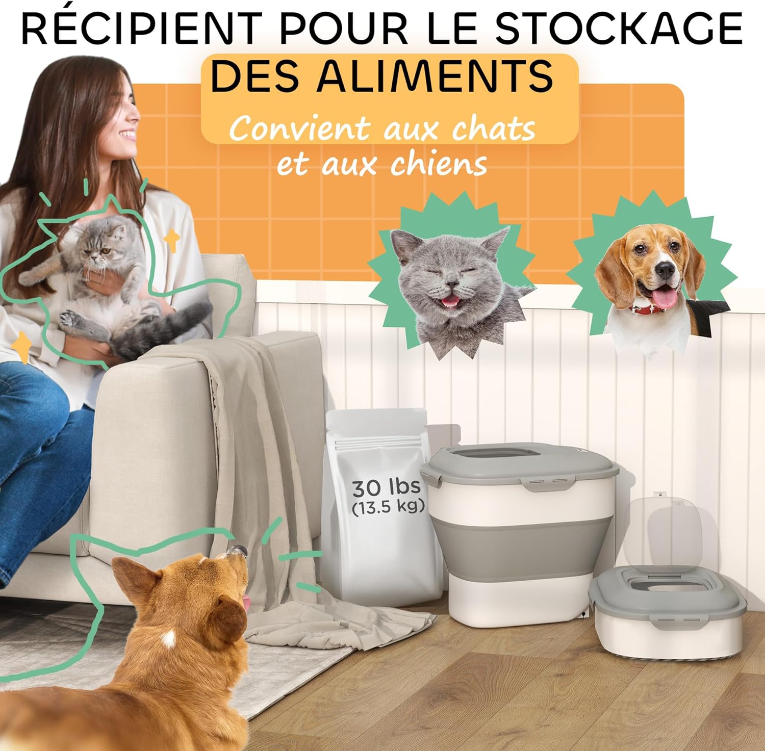 Detalle de PawHut conteneur à croquettes pliable 25L plié 5L, hermétique sur roulettes (gris)