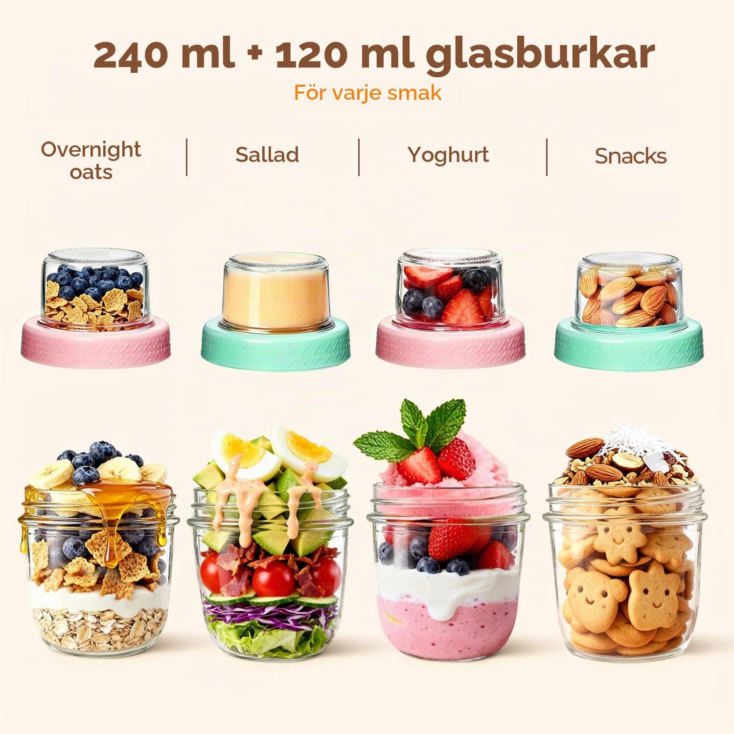 Detalle 1 de ComSaf yoghurtburkar 4-pack, 240 ml + 120 ml, med separat toppfack