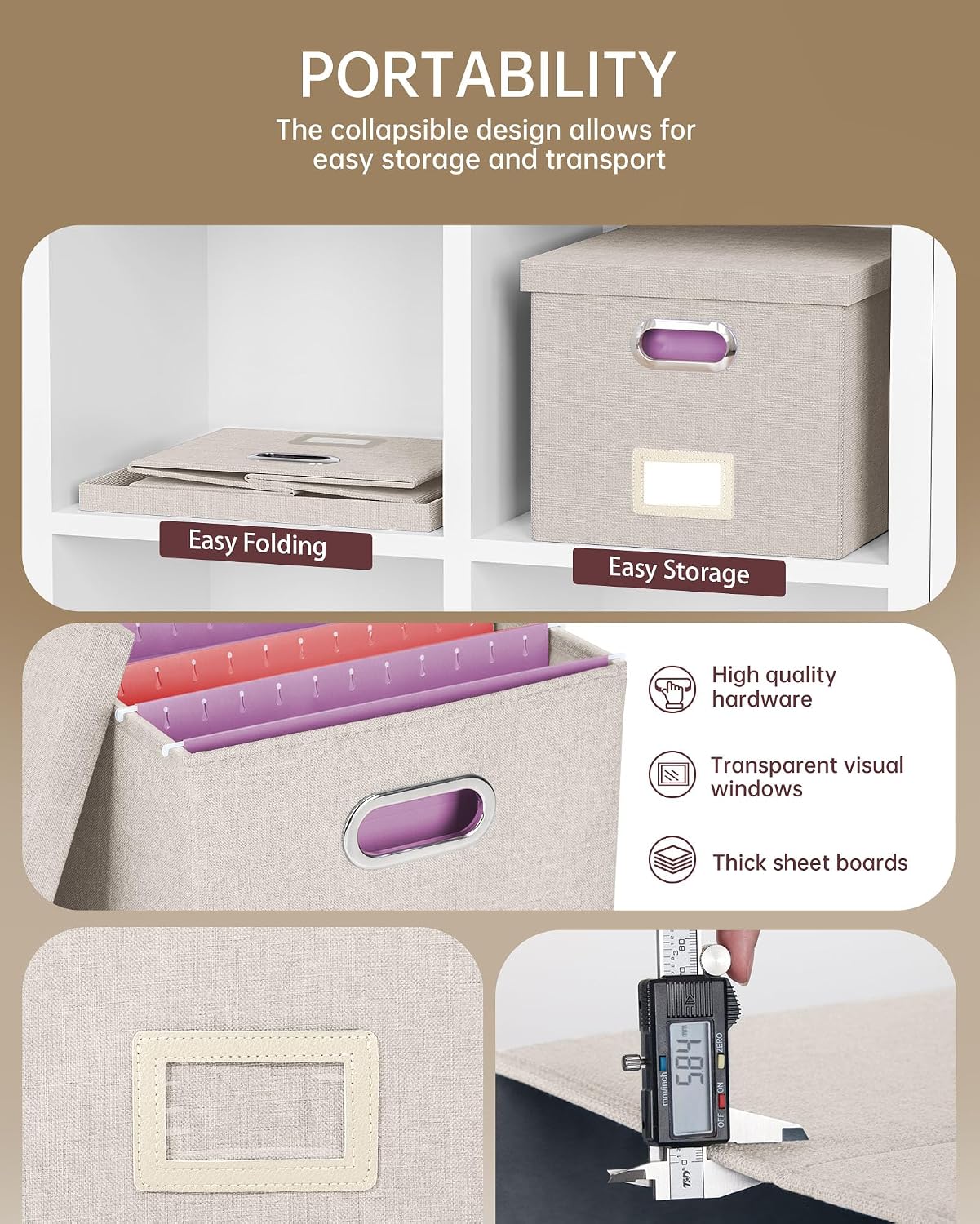 Thumbnail 3 de Oterri Linen File Organizer Box with Lid, Collapsible Beige Storage