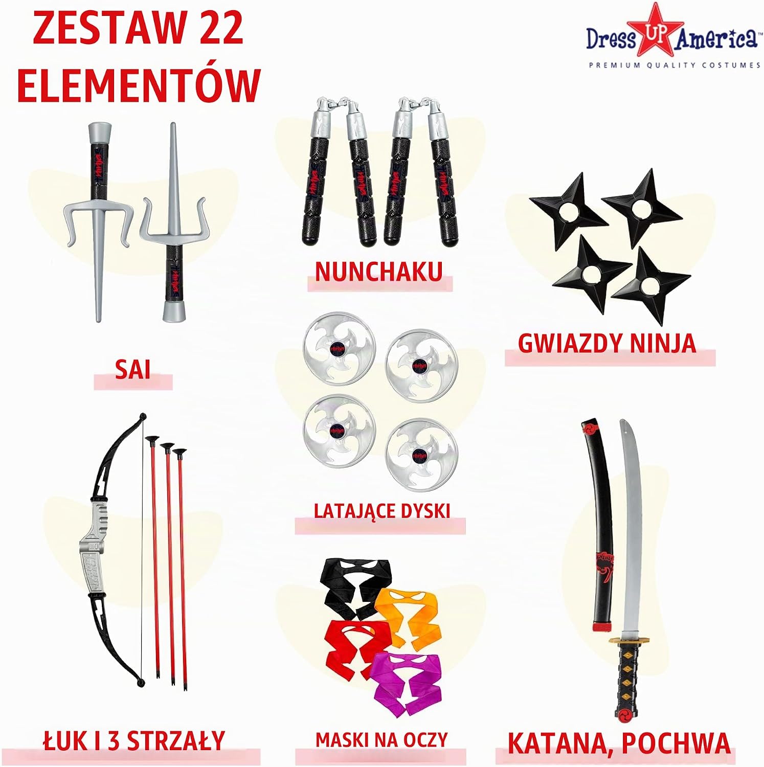 Detalle de Dress Up America – zestaw akcesoriów ninja dla dzieci z kataną, łukiem i maskami