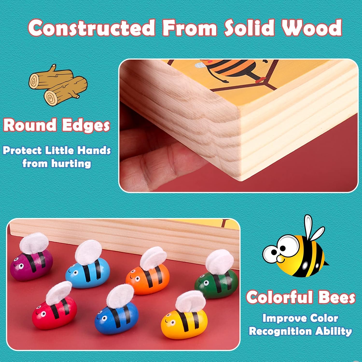 Detalle de YUNCHY Toddler Fine Motor Skill Toy: Bee to Hive Matching Game (Montessori wooden color sorting)