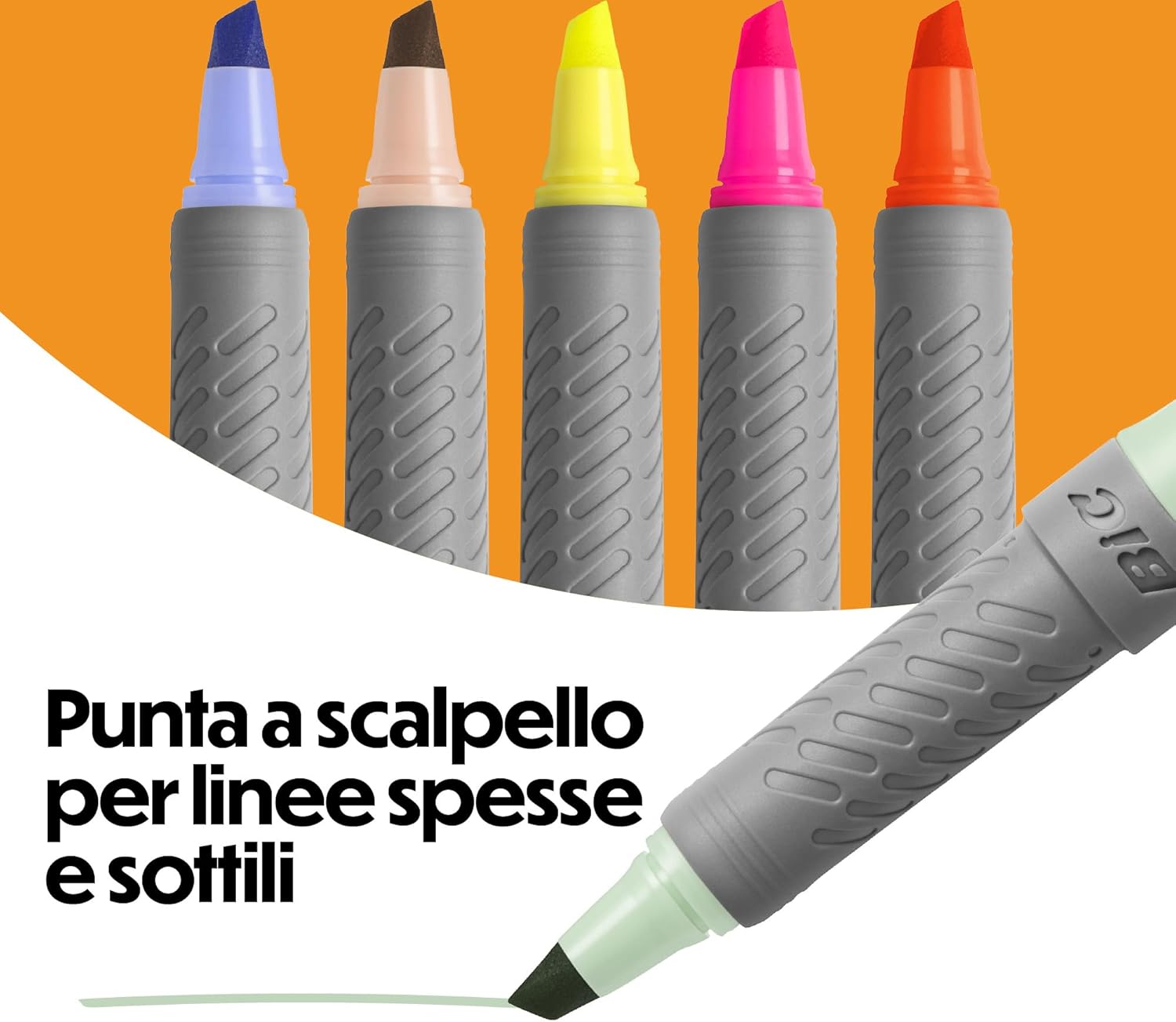 Detalle de PENNE Evidenziatori BIC Highlighter Grip Pastello e Neon – con Punta a scalpello, confezione da 18 colori assortiti