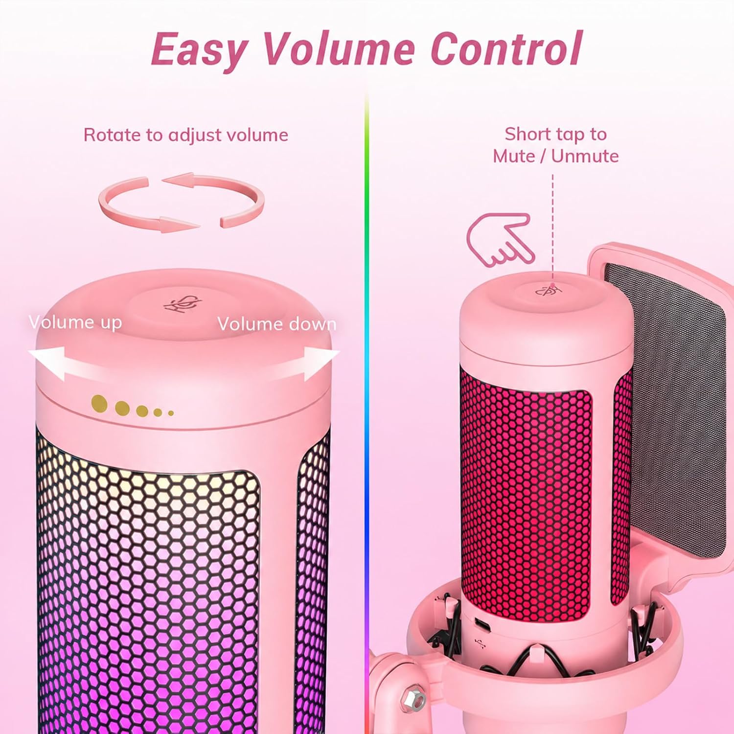 Detalle 1 de TONOR TC310+ Pink Gaming Condenser Microphone with RGB and Boom Arm