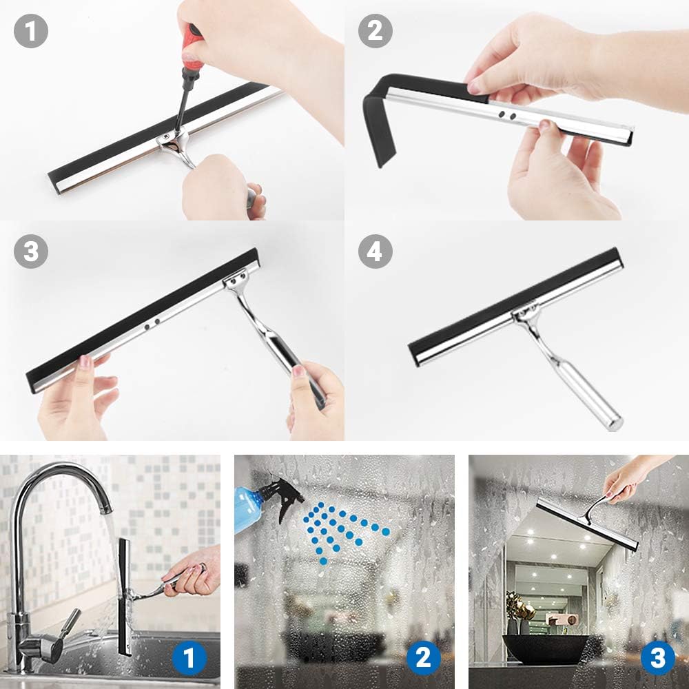 Thumbnail 4 de Ecooe raclette de douche vitres en acier inoxydable, 25 cm avec crochet sans perçage et silicone de rechange