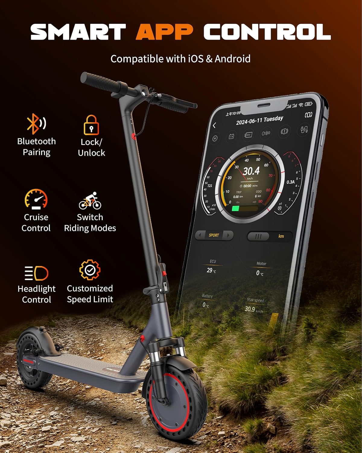Detalle de VOLPAM SP08 Electric Scooter for Adults, 500W, 10-Inch Solid Tires, Dual Suspension