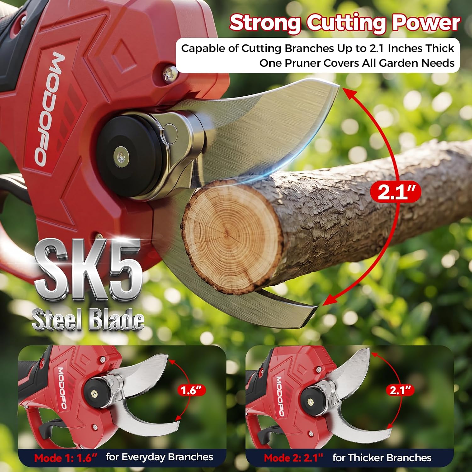 Detalle de MODOFO Cordless Electric Pruning Shears with Pole, 2.1-Inch Capacity, Brushless Motor