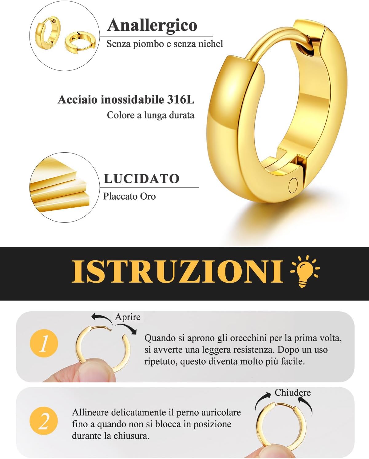 Detalle 2 de U7 set orecchini cerchio huggie da uomo e donna: 3 paia in acciaio inox, diametri 7/9/12 mm (argento/oro/nero)