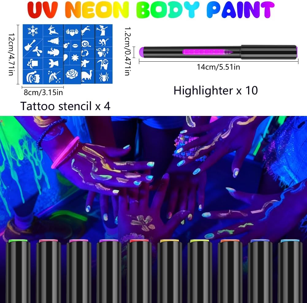 Alaoo Penne Glitter Neon UV per Tatuaggi Temporanei Bambini (10 pezzi) con 4 stencil