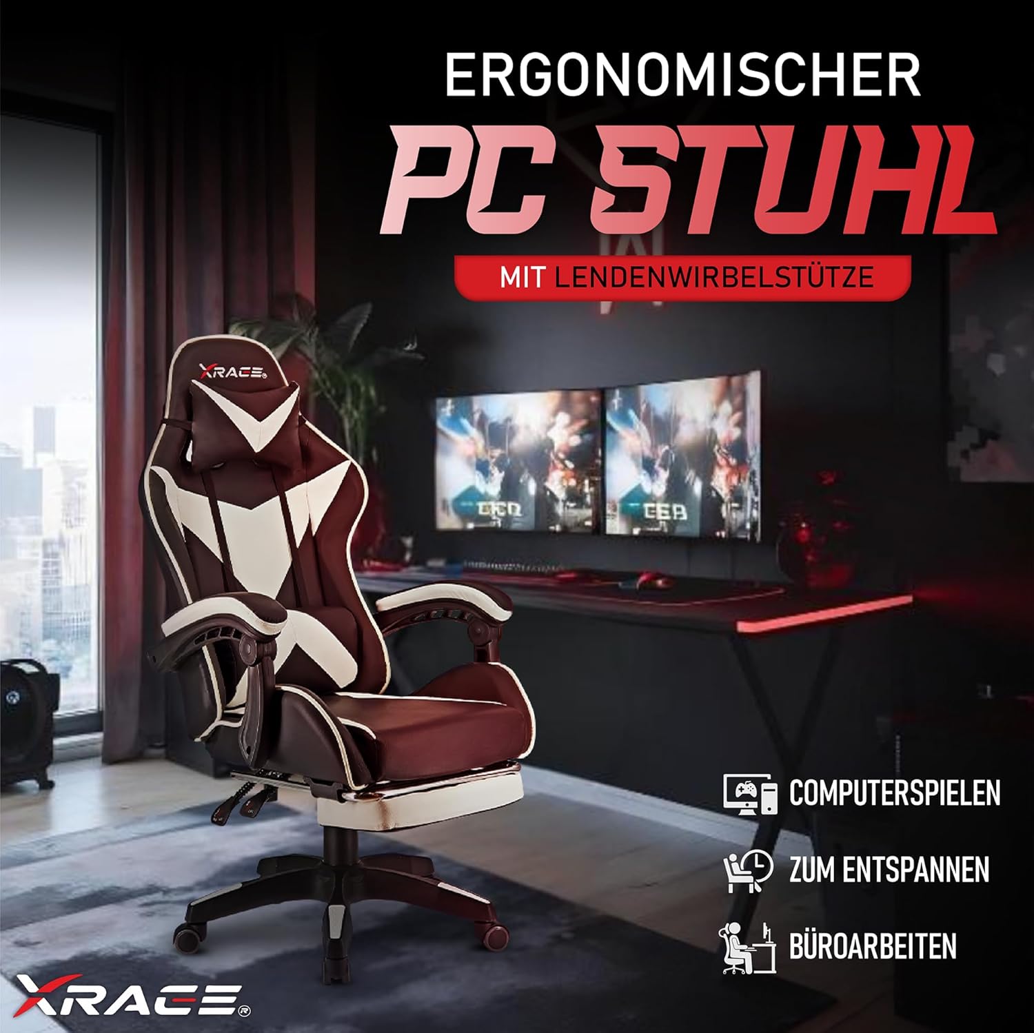 Thumbnail 3 de xRace Gaming Stuhl (weiß) – ergonomischer Bürostuhl mit Lendenwirbelstütze, Kopfstütze und Fußstütze