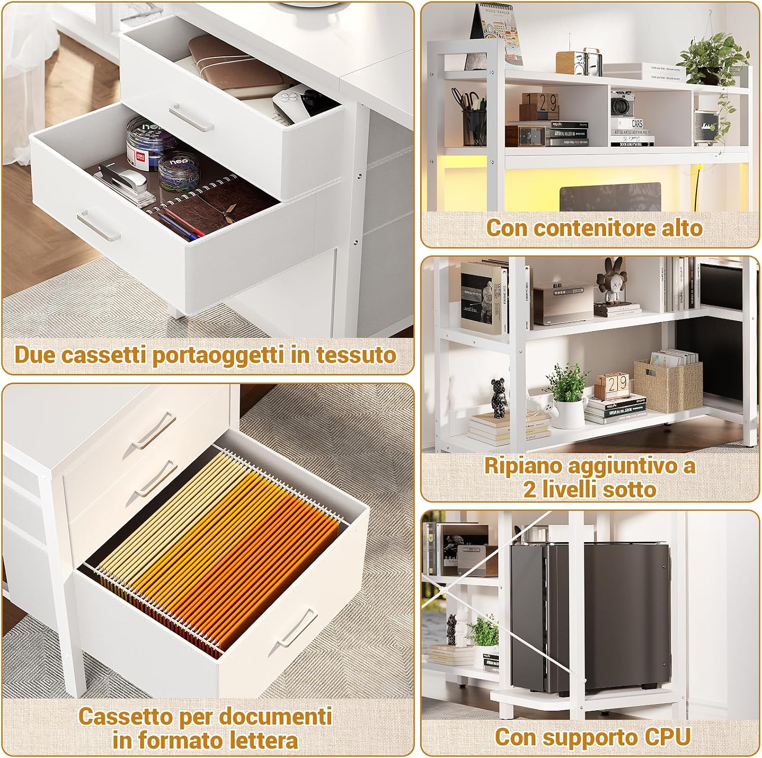 Detalle de iSunirm Scrivania portaoggetti reversibile con luci LED e prese di corrente, bianco (150 x 87 x 150 cm)