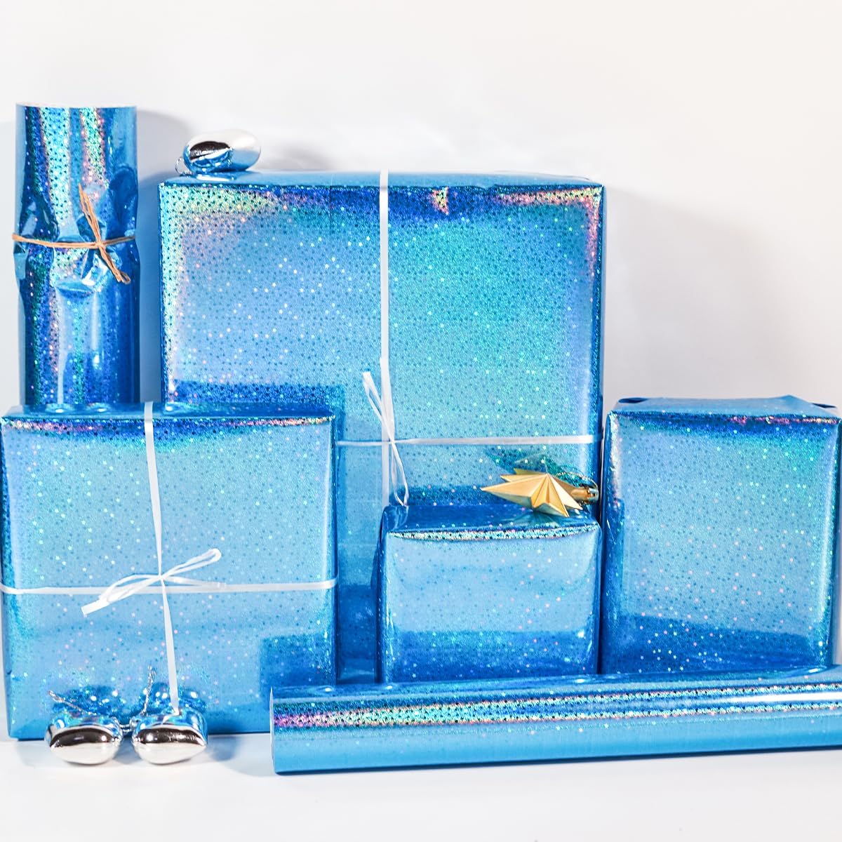 Thumbnail 3 de HJIJIAY Blue Holographic Wrapping Paper Roll (43cm x 10m) with Metallic Stars