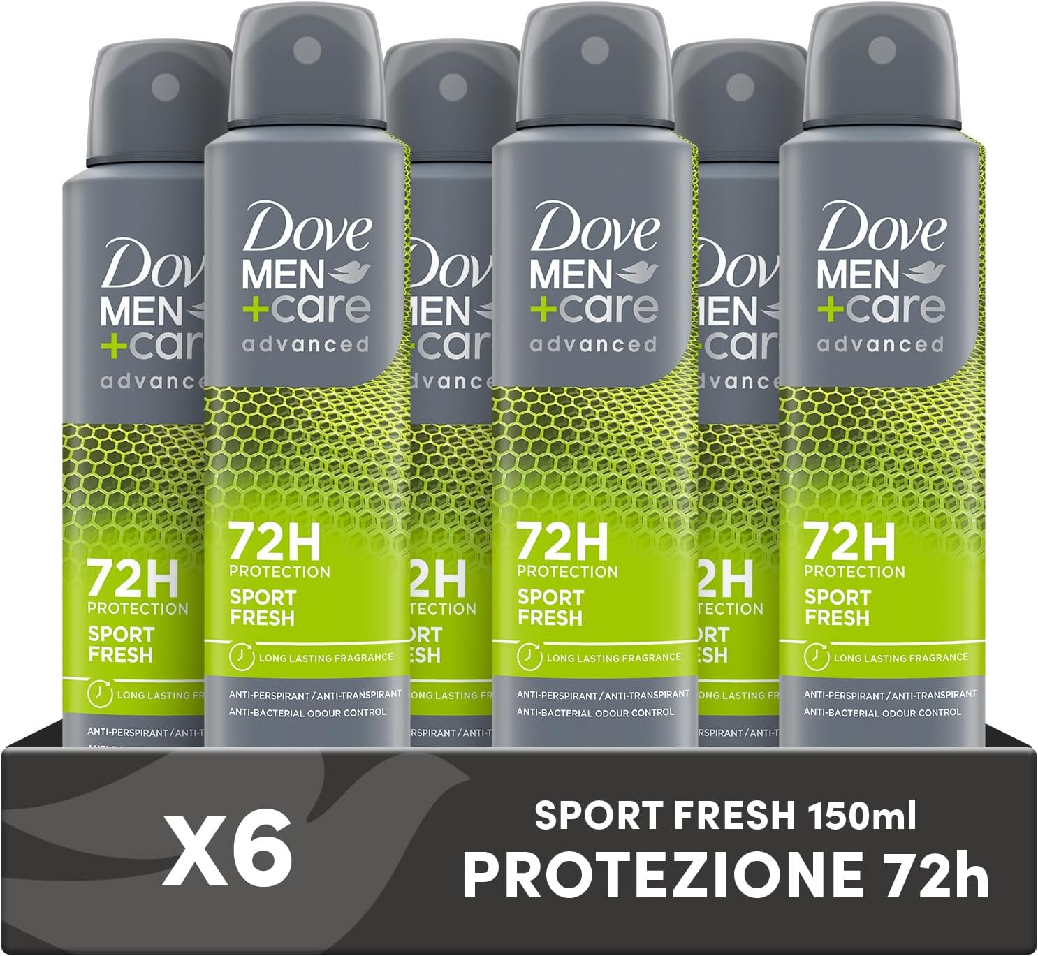 Dove Men + Care Sport Fresh Spray Advanced Care: Deodorante efficace e idratante, 6 pezzi da 150 ml