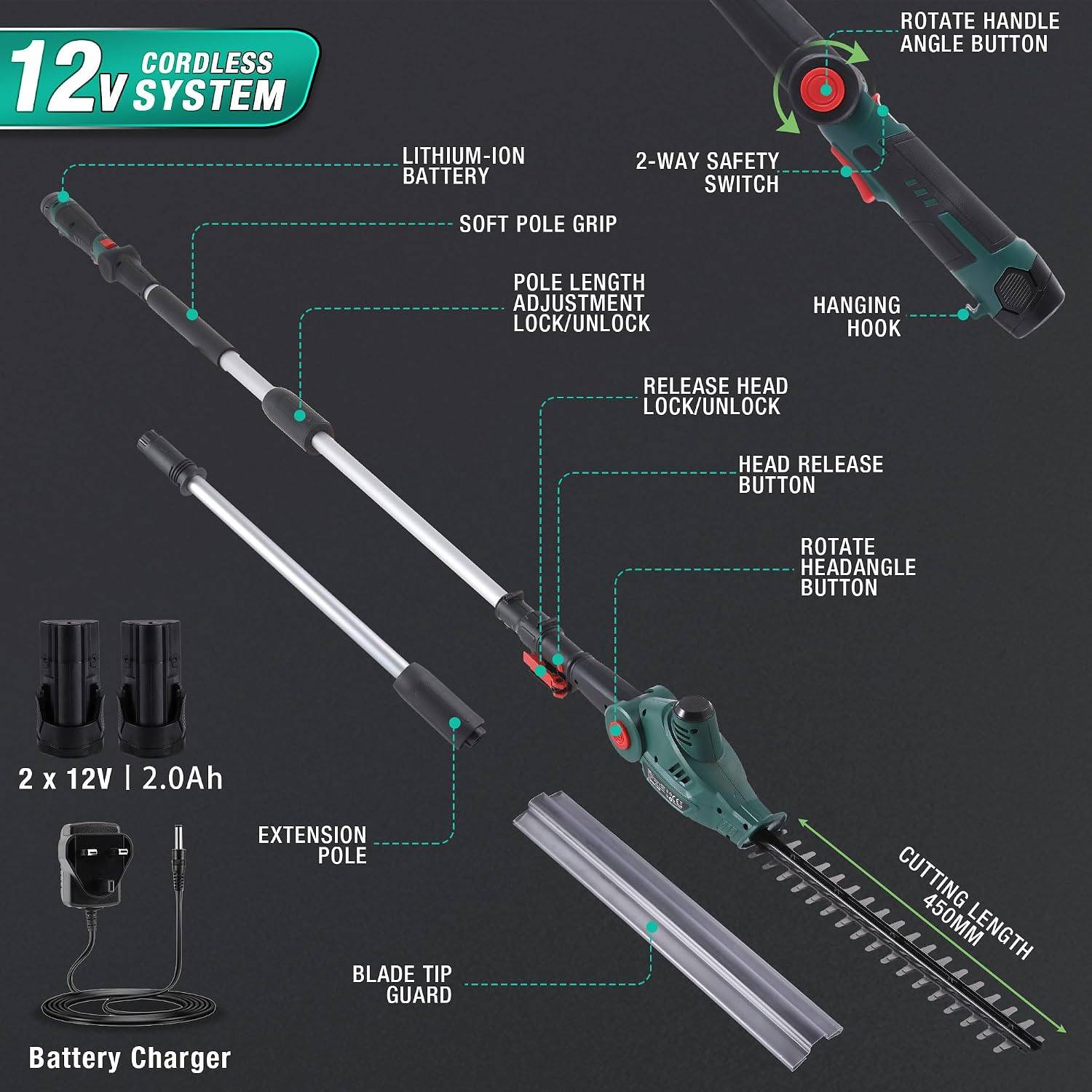 Detalle de POSENPRO 12V Cordless Pole Hedge Trimmer with 2x 2.0Ah Batteries and 2.67m Reach