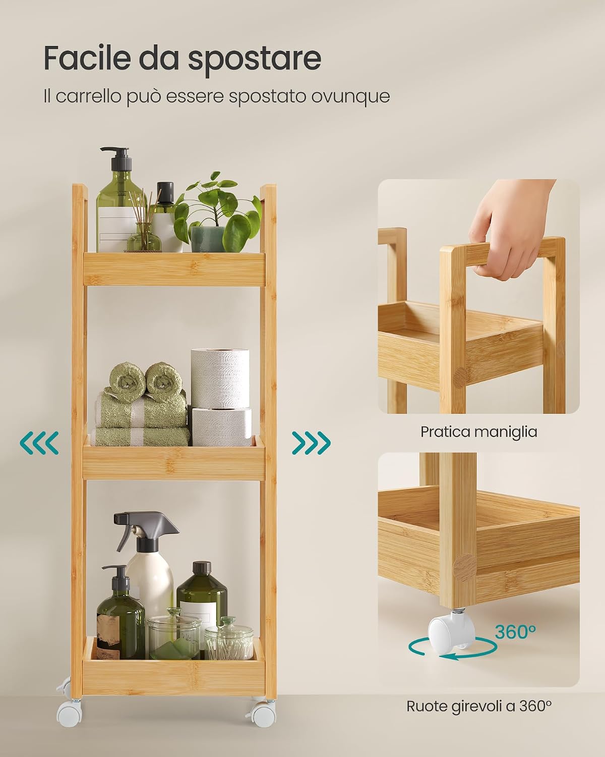 Thumbnail 5 de SONGMICS Carrellino Salvaspazio Bambu 3 Ripiani con Ruote, 20 x 30 x 80 cm, Beige Naturale – BCB083N01