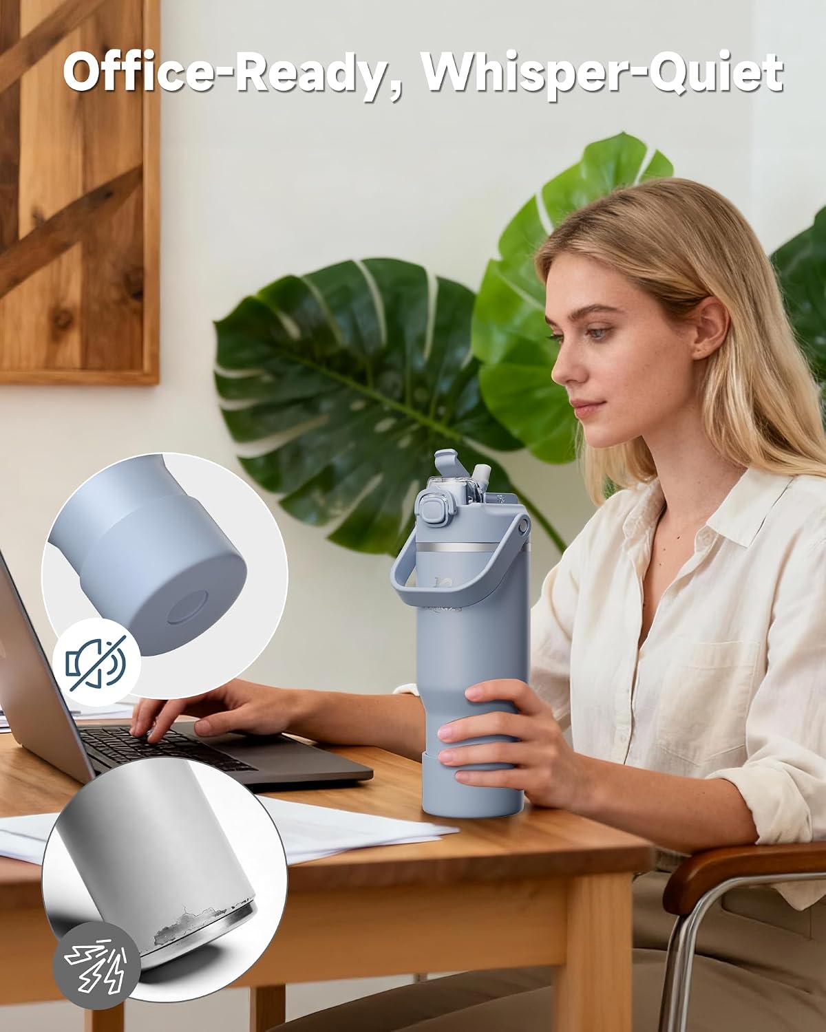 Detalle de KANGZY 1L/32oz Metal Water Bottle with Straw and Spout Lid – Vacuum Insulated Stainless Steel Flask